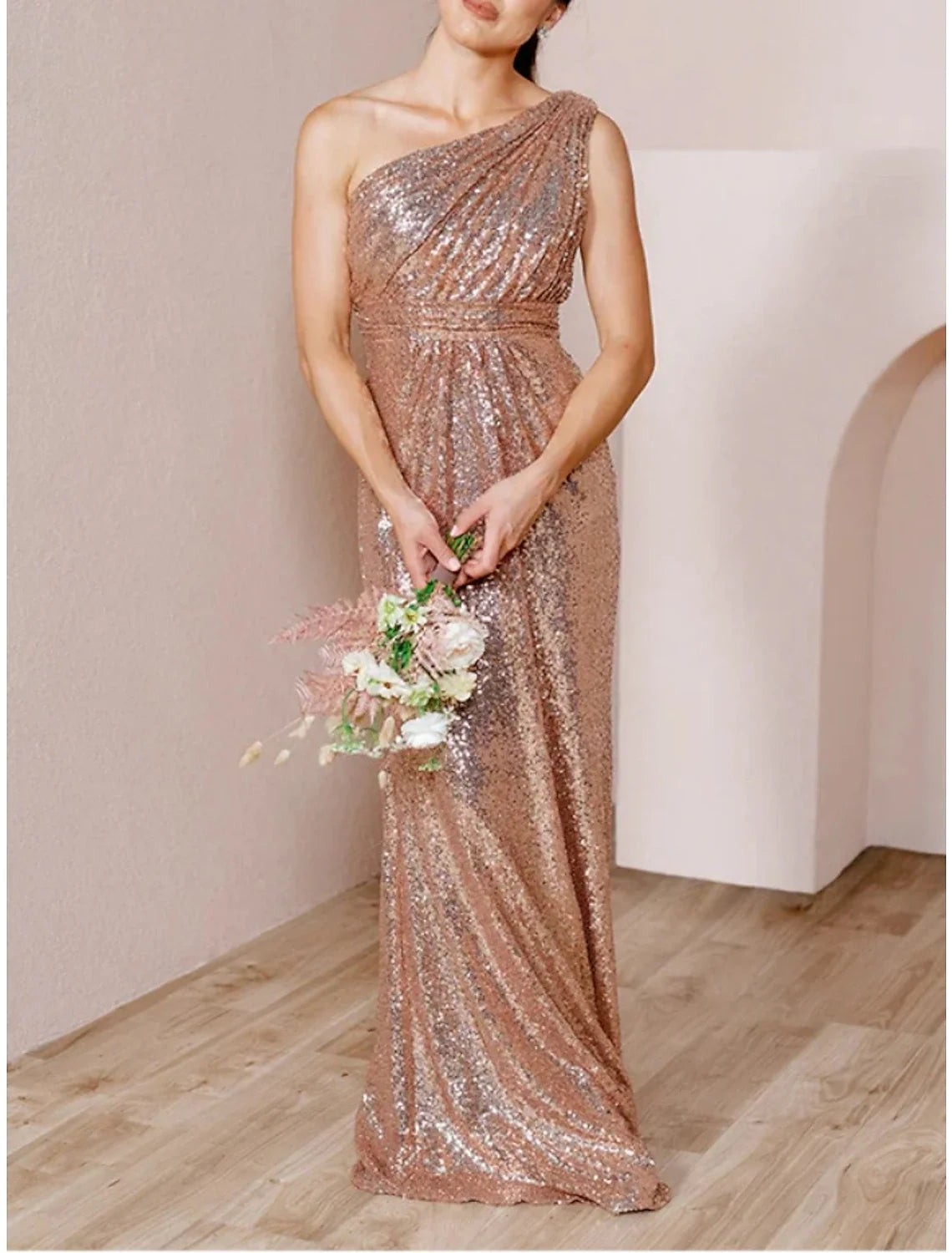 A-Line One-Shoulder Sequin Sleeveless Train Wedding Dress - Chloe Dress