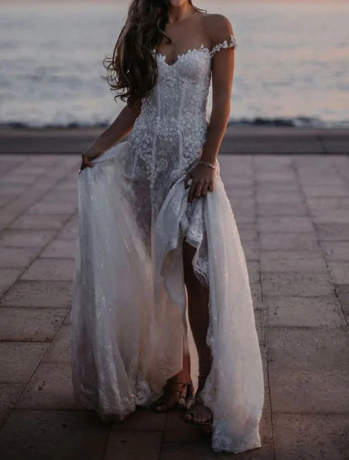 A-Line Off-Shoulder Lace Cap Sleeve Open Back Train Wedding Gown - Chloe Dress