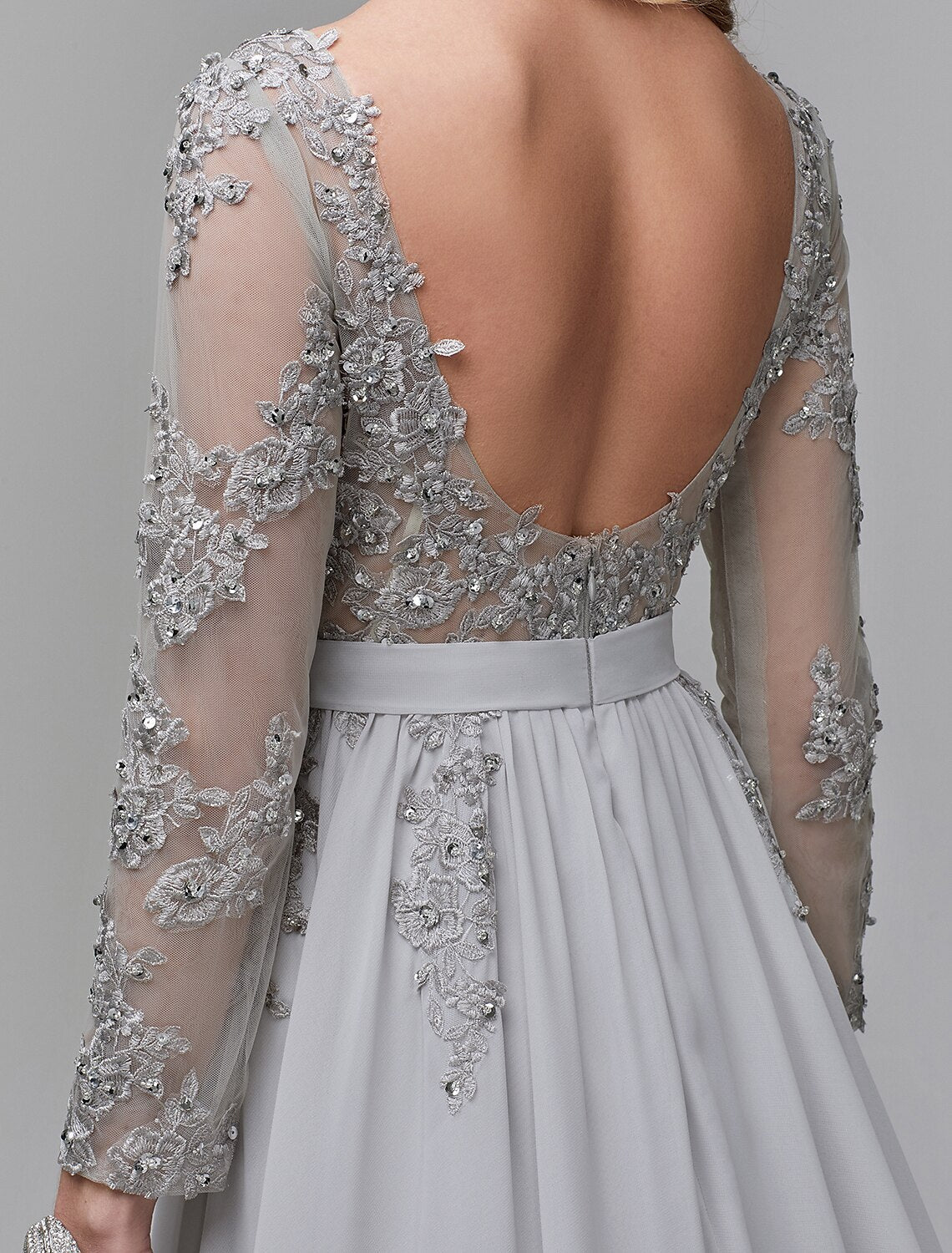 A-Line Illusion Chiffon Long Sleeve Open Back Train Evening Dress - Chloe Dress