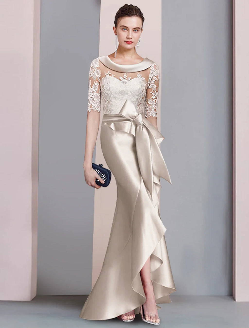 Mermaid High Neck Satin Asymmetric Wedding Dress - Chloe Dress