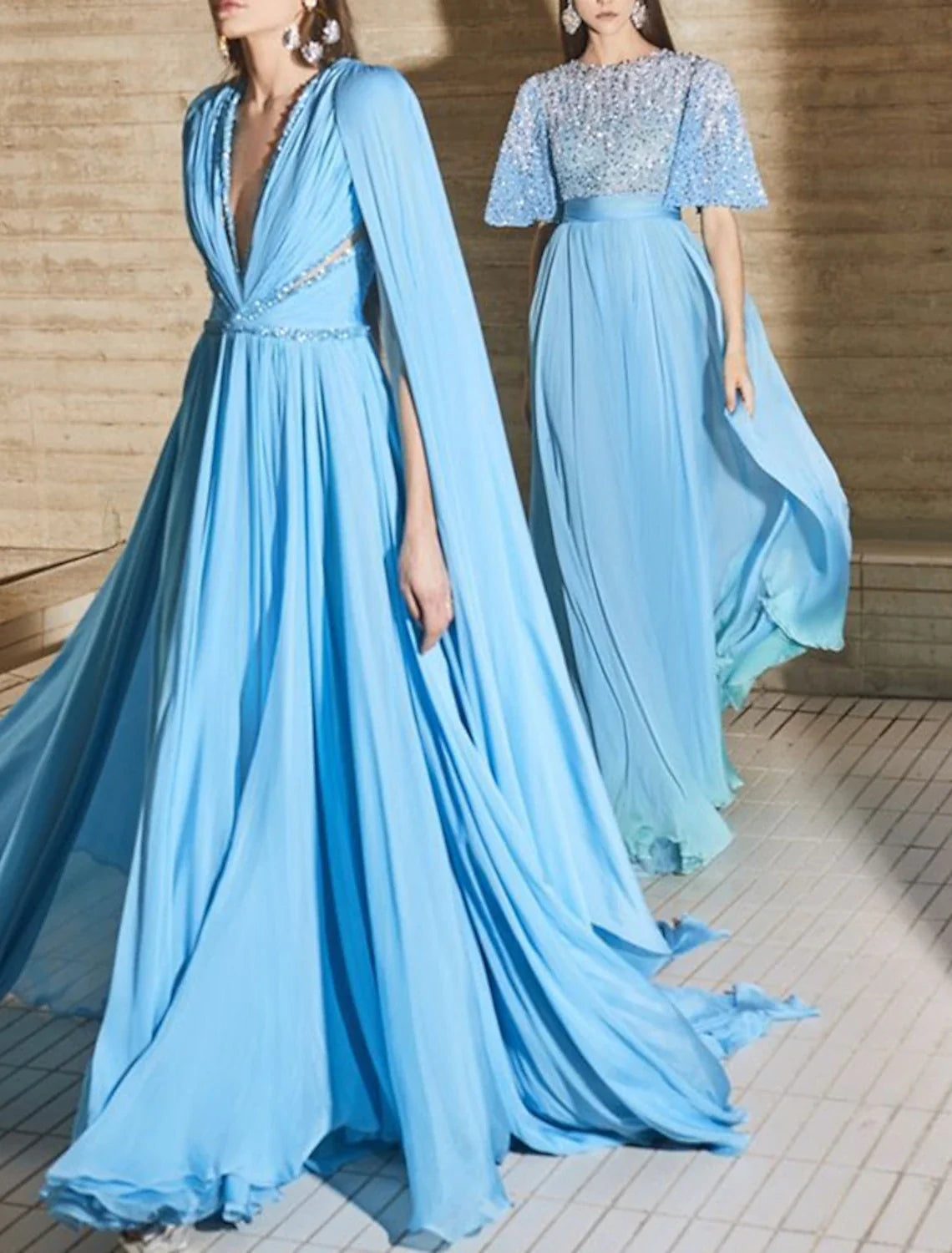 A-Line V-Neck Chiffon Sleeveless Train Evening Gown - Chloe Dress