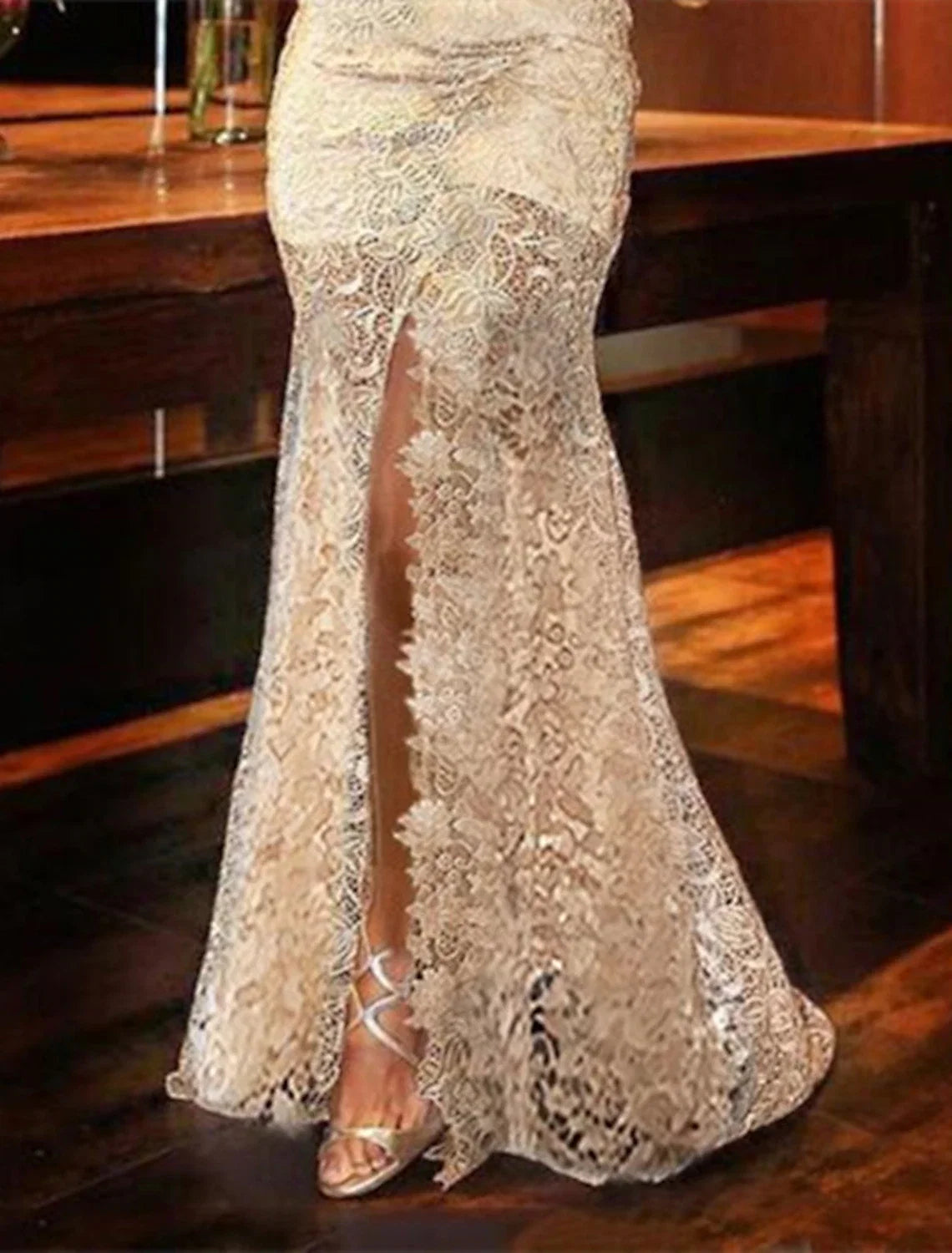 Mermaid V-Neck Lace Long Sleeve High Slit Evening Gown - Chloe Dress