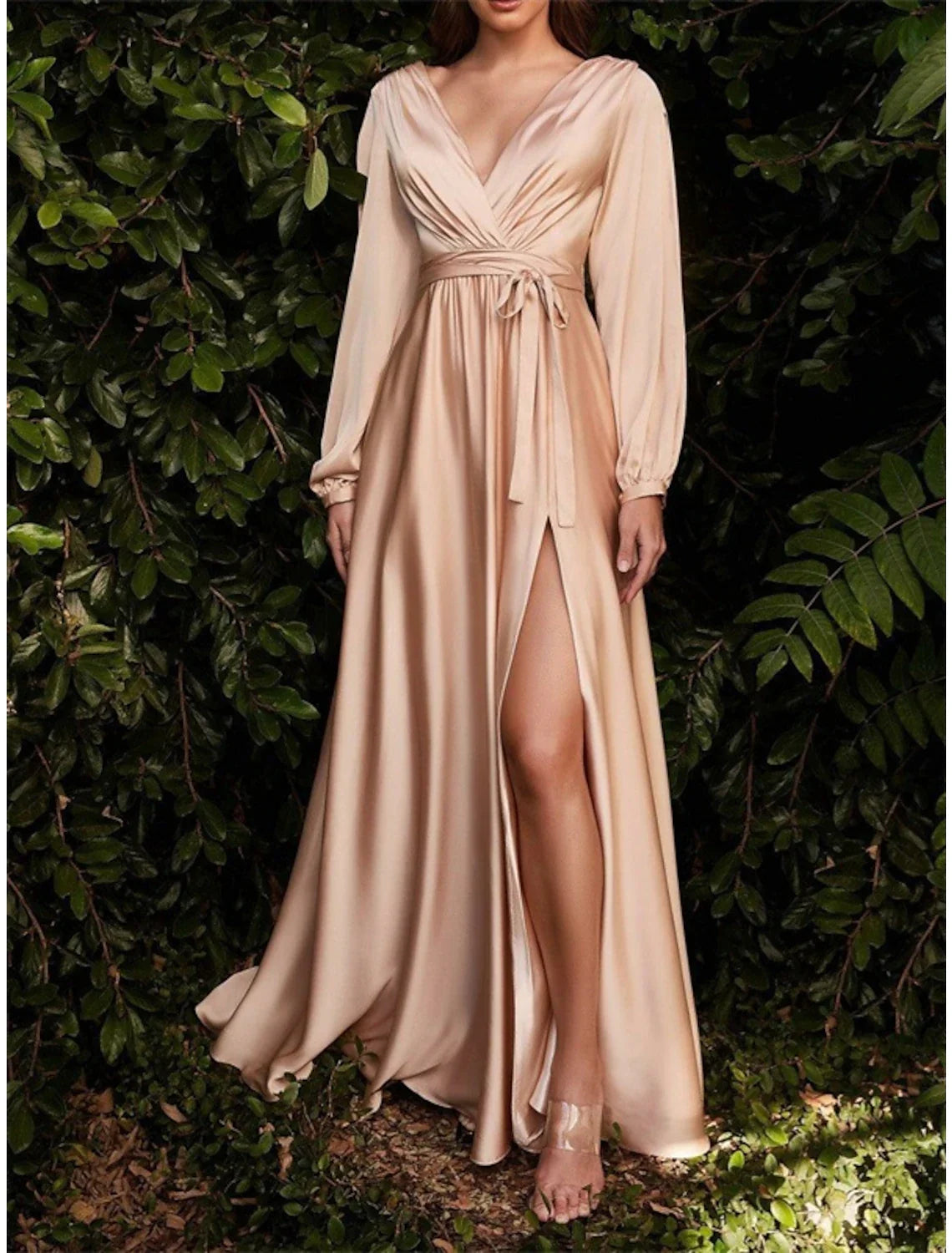 Blue A-Line V-Neck Chiffon Long Sleeve Floor-Length Wedding Dress - Chloe Dress