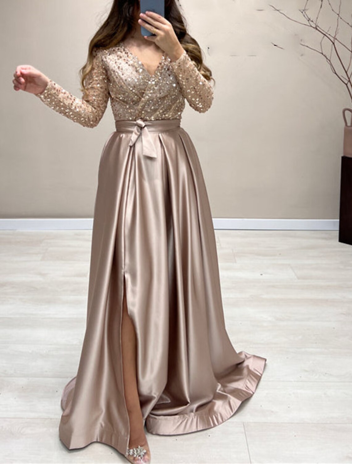 A-Line V-Neck Satin Long Sleeve Train Evening Gown - Chloe Dress