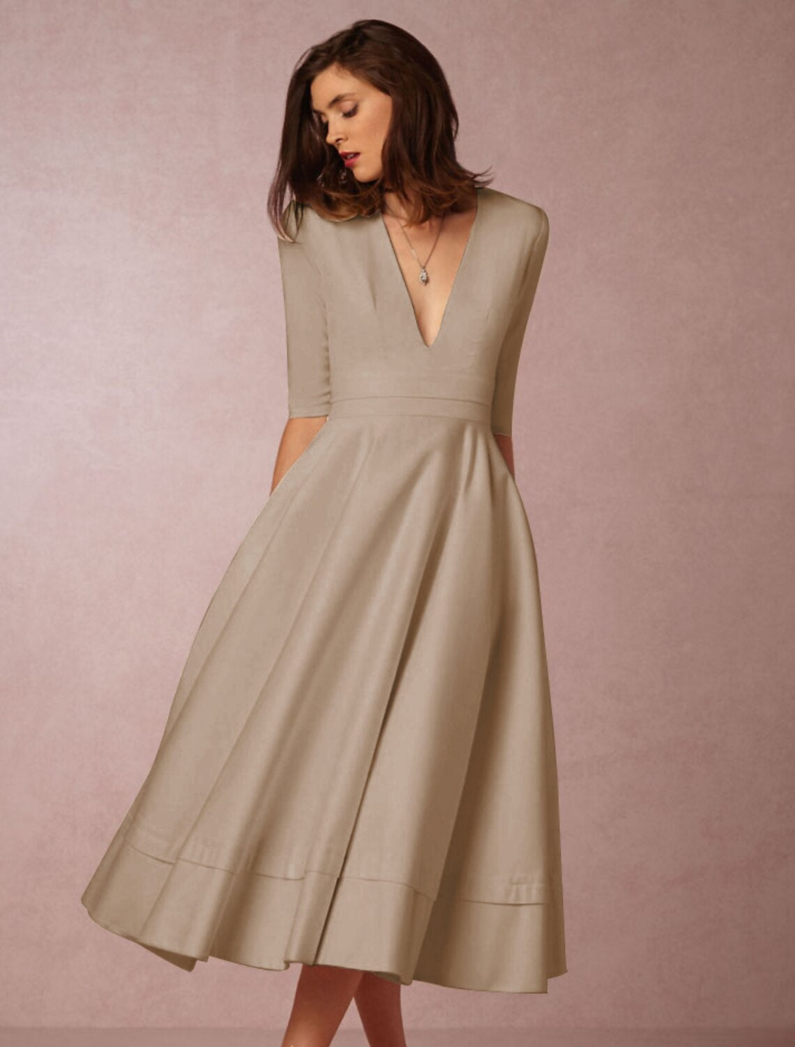 White A-Line V-Neck Jersey Pleated Tea-Length Wedding Dress - Chloe Dress