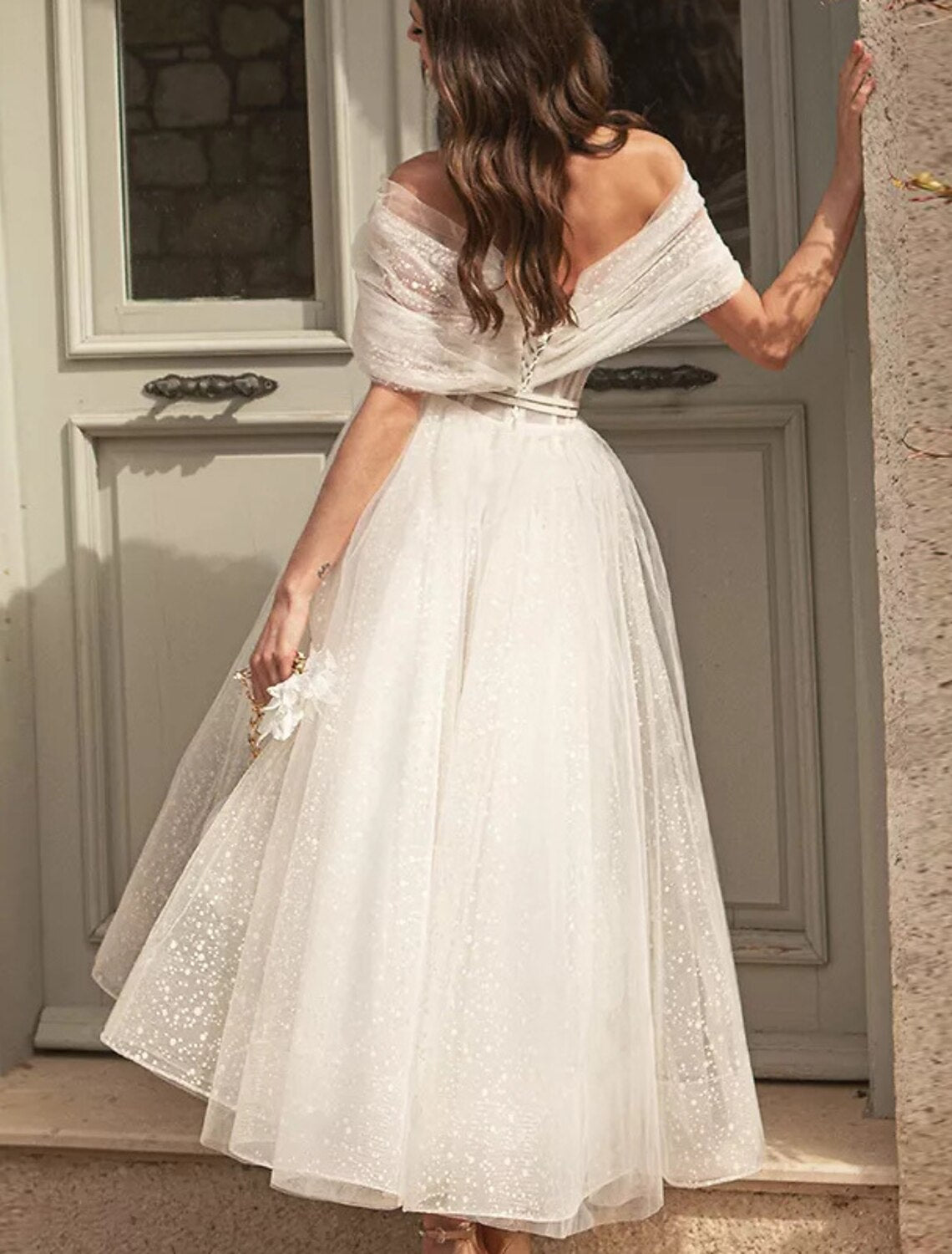 Black A-Line Off-Shoulder Sequin Short Sleeve Mini Wedding Dress - Chloe Dress
