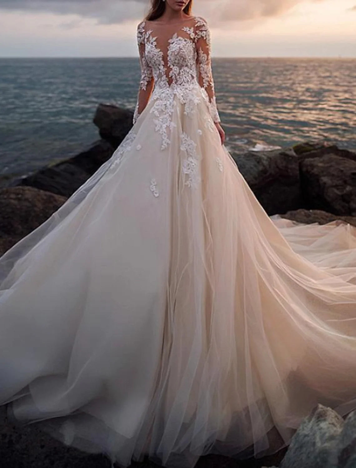 A-Line Illusion Lace Long Sleeve Open Back Train Wedding Gown - Chloe Dress