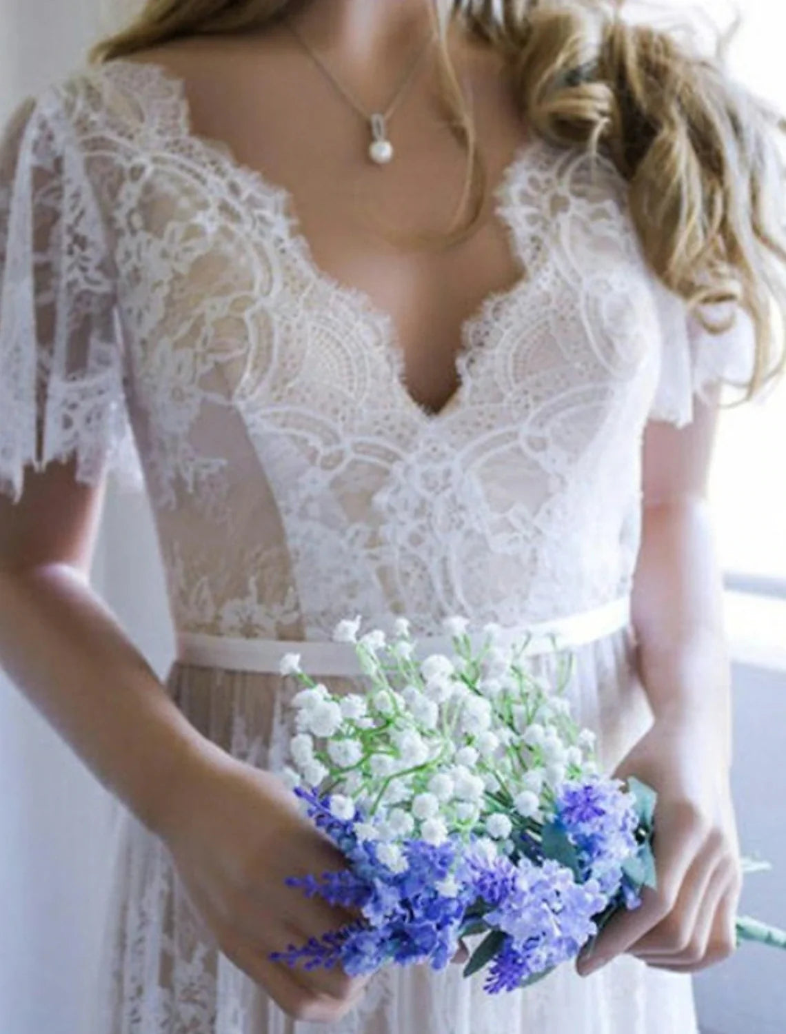 A-Line V-Neck Lace Short Sleeve Train Mini Wedding Gown - Chloe Dress