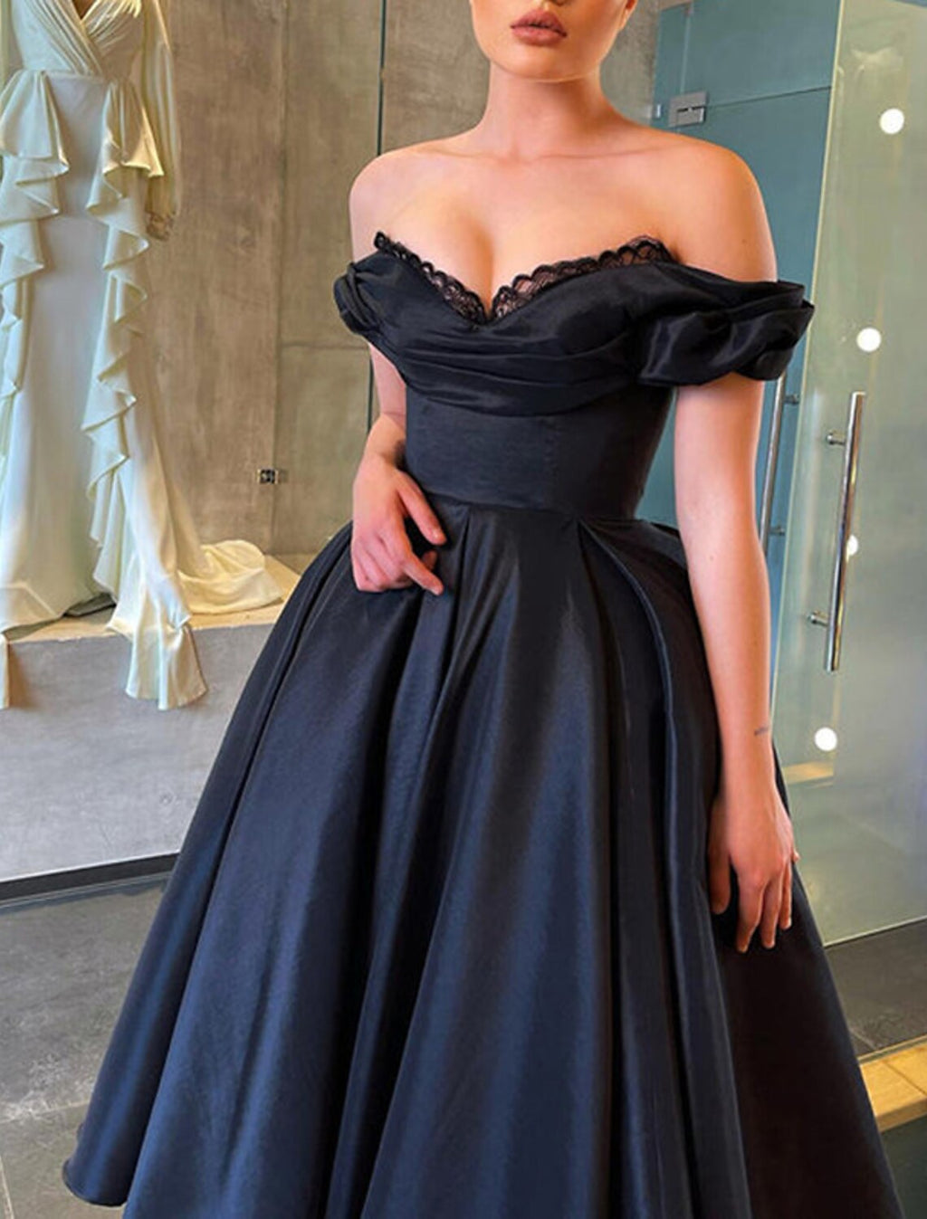 Black A-Line Off-Shoulder Satin Short Sleeve Mini Prom Dress - Chloe Dress