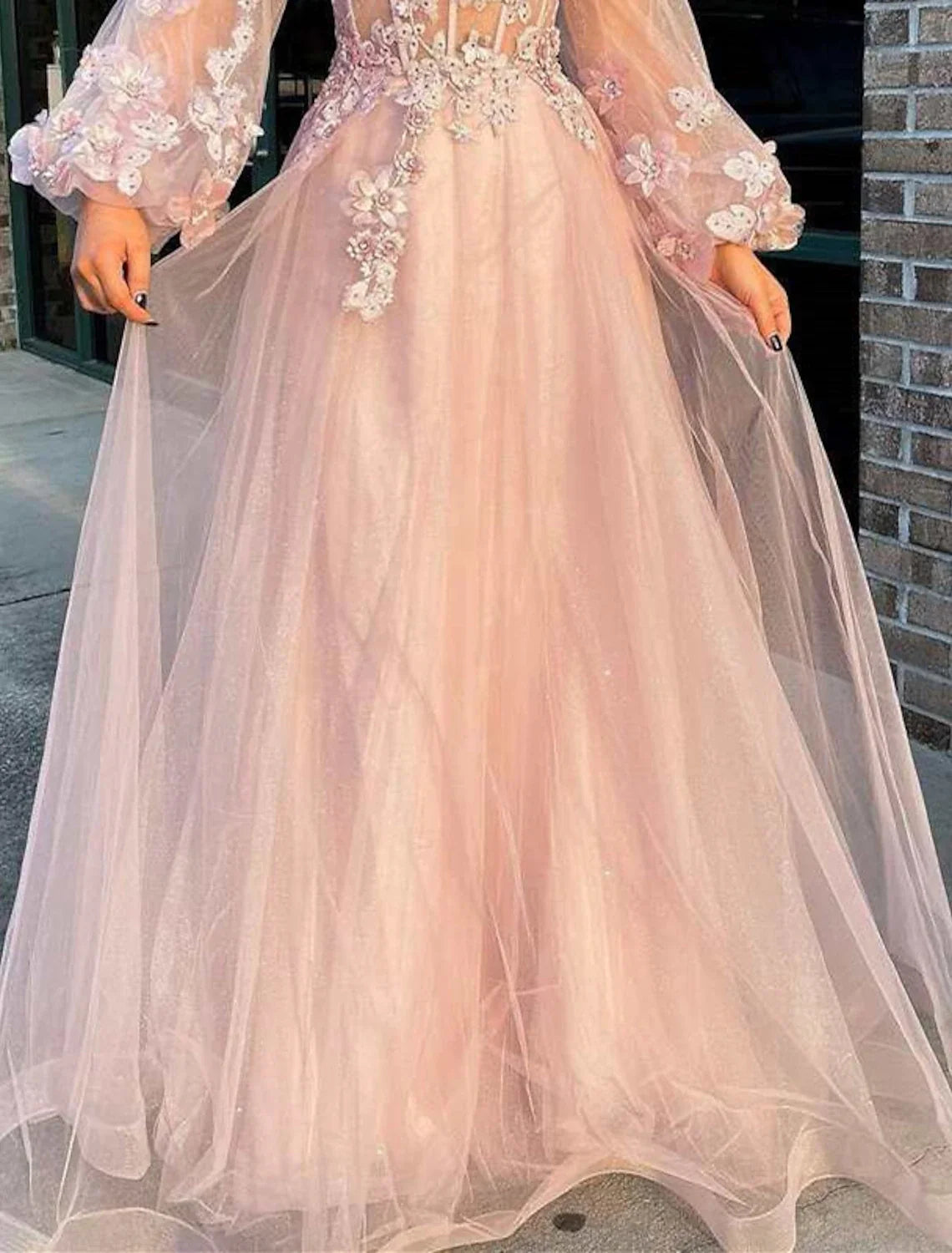 A-Line Strapless Tulle Long Sleeve Floor-Length Prom Dress - Chloe Dress