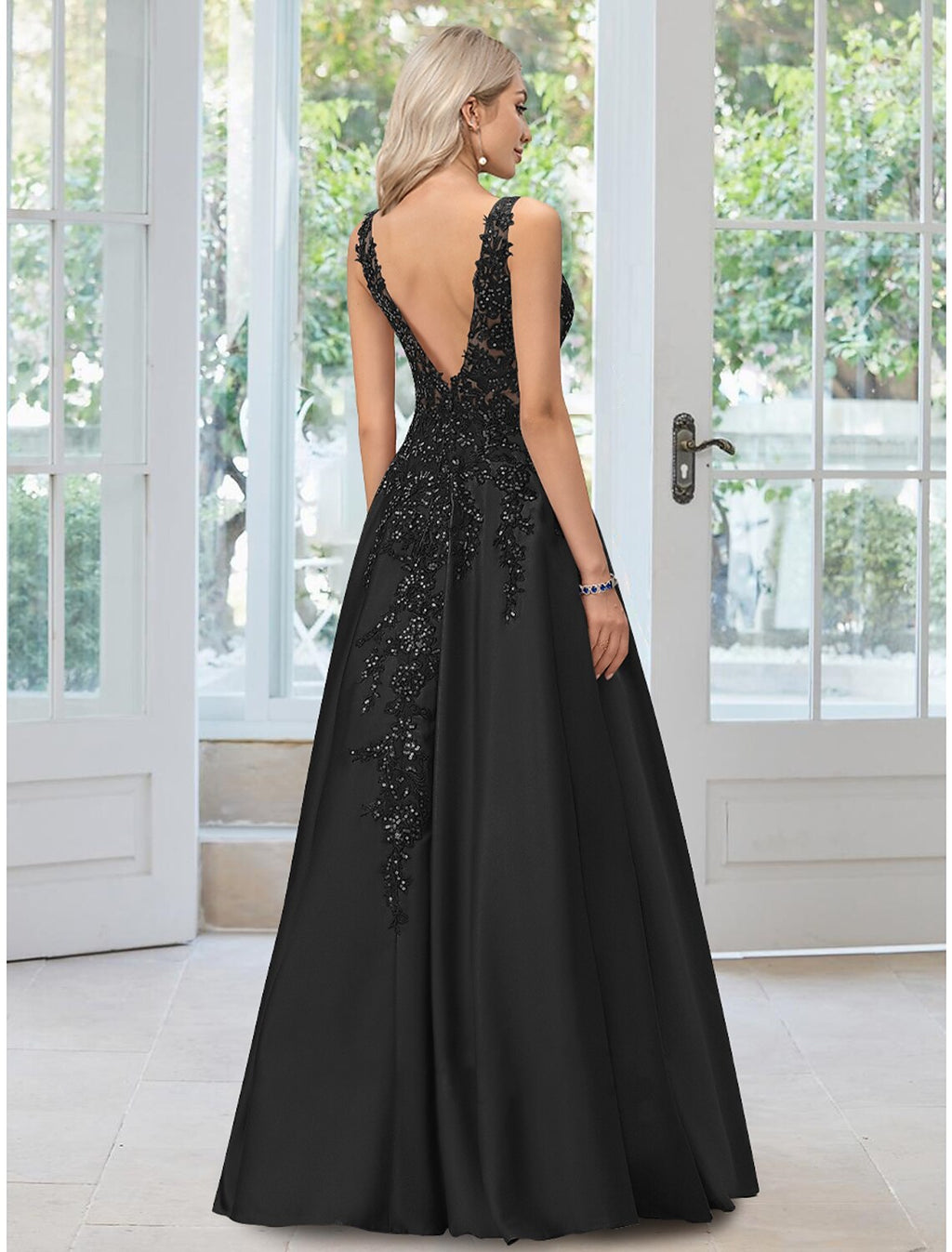 Black A-Line V-Neck Lace Sleeveless Applique Floor-Length Evening Gown - Chloe Dress