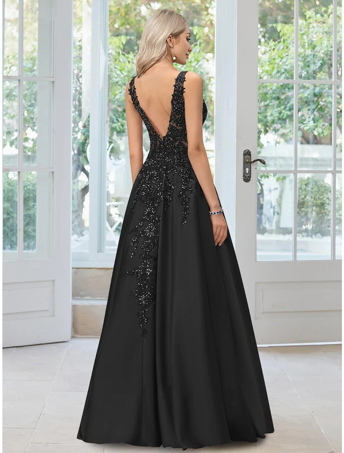 Black A-Line V-Neck Lace Sleeveless Applique Floor-Length Evening Gown - Chloe Dress