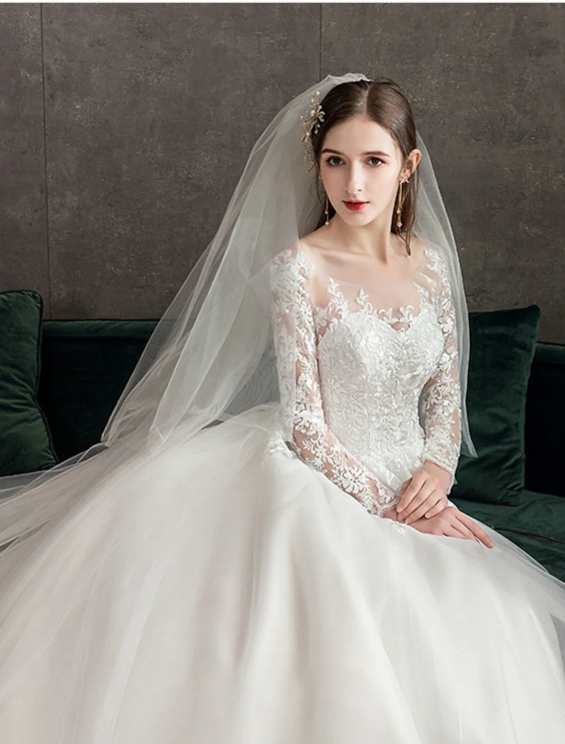 Ball Gown Illusion Lace Long Sleeve Pleated Wedding Gown - Chloe Dress