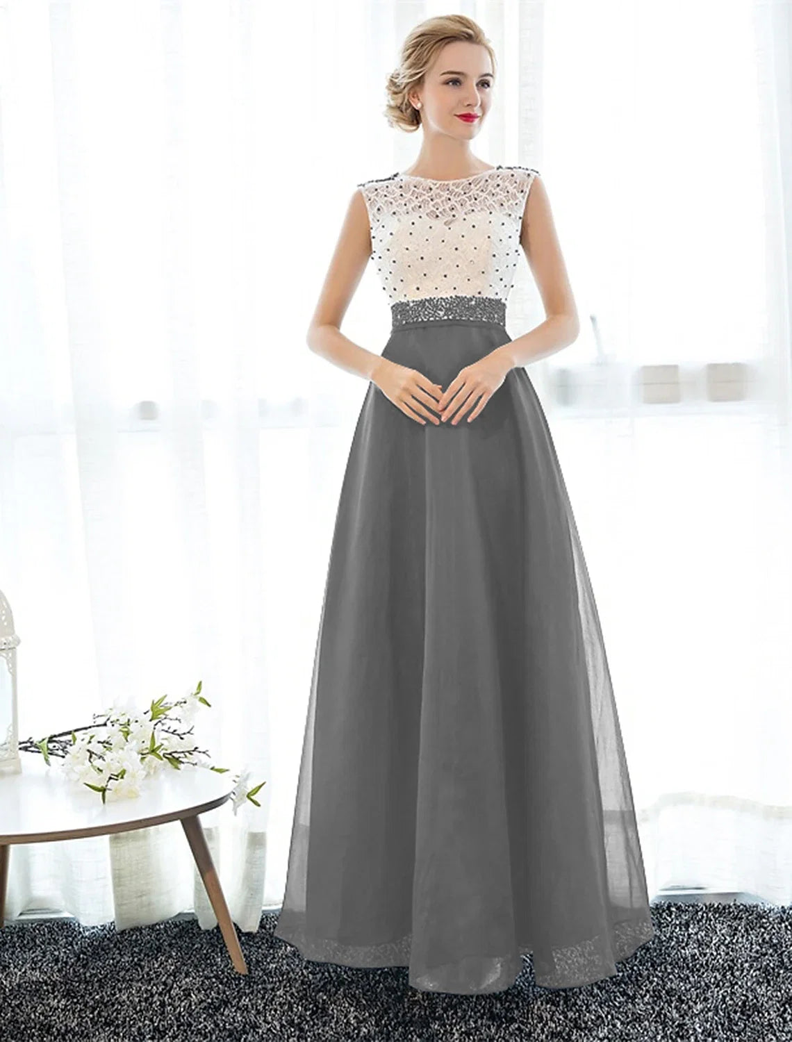 A-Line Illusion Tulle Sleeveless Beaded Floor-Length Evening Dress - Chloe Dress