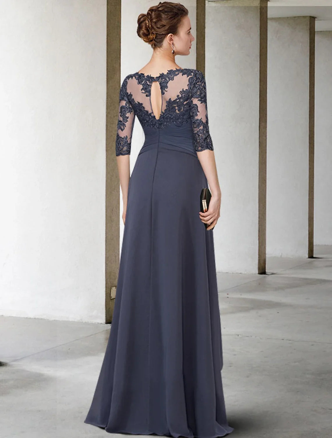 A-Line Chiffon Three-Quarter Sleeve Pleated Floor-Length Dress - Chloe Dress