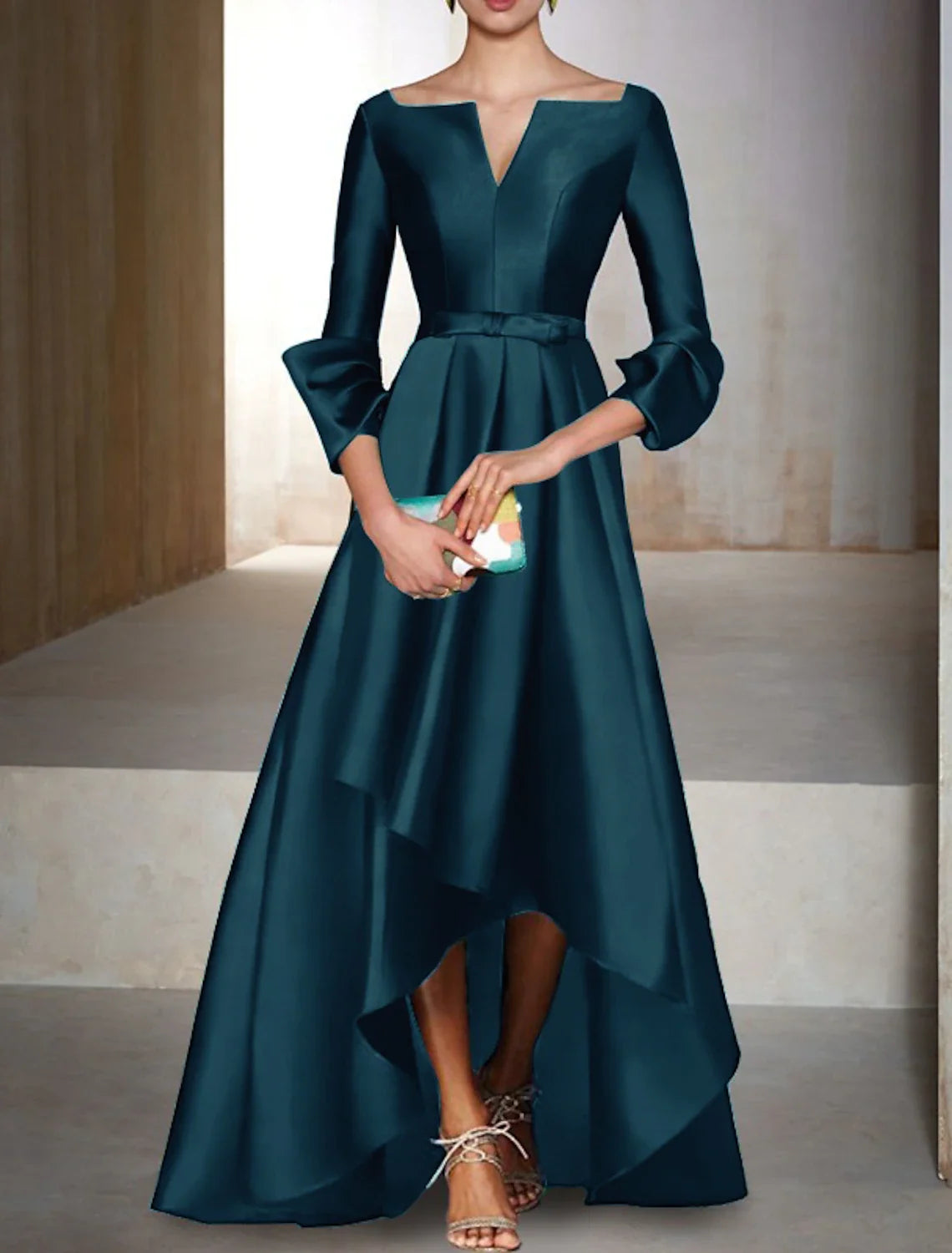 Green A-Line V-Neck Satin Three-Quarter Sleeve Floor-Length Evening Gown - Chloe Dress