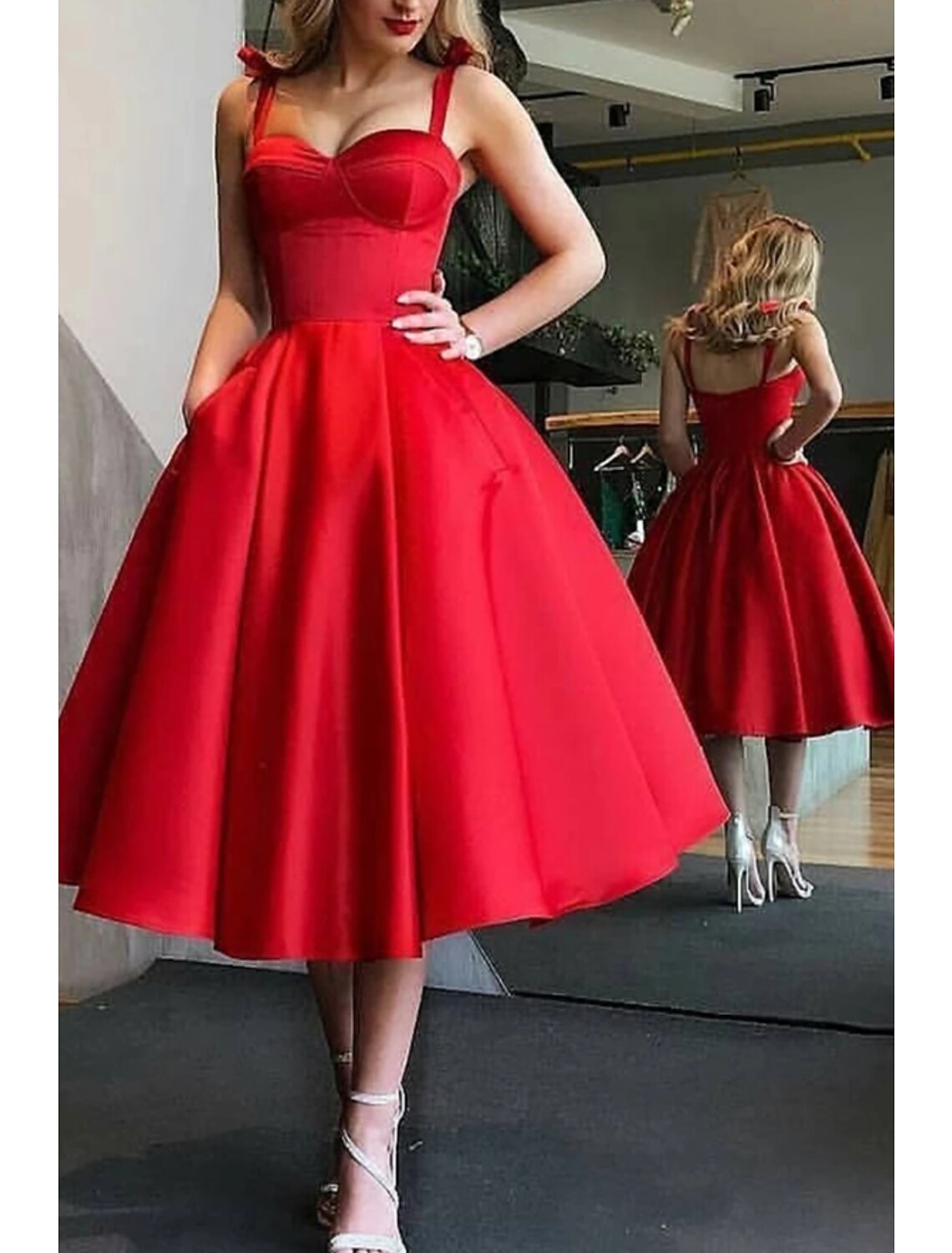 Black Ball Gown Spaghetti Strap Satin Sleeveless Pleated Tea-Length Prom Gown - Chloe Dress