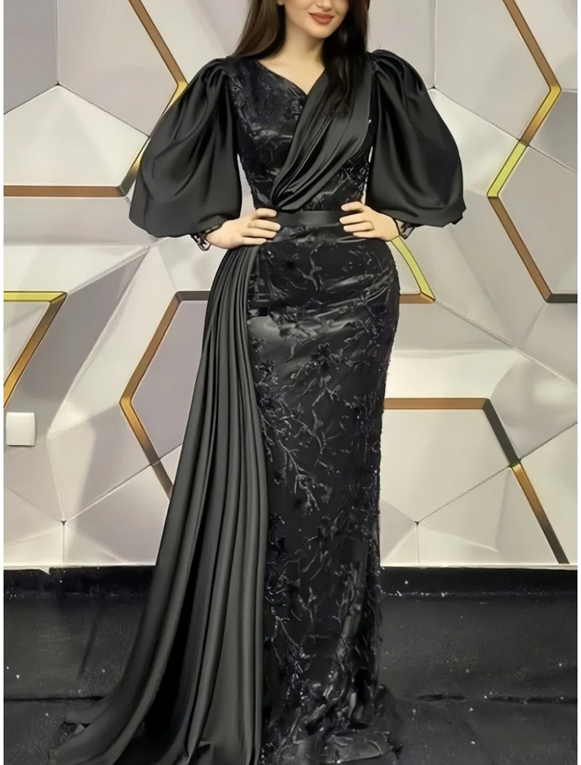 Black Sheath V-Neck Satin Long Sleeve Pleated Evening Gown - Chloe Dress