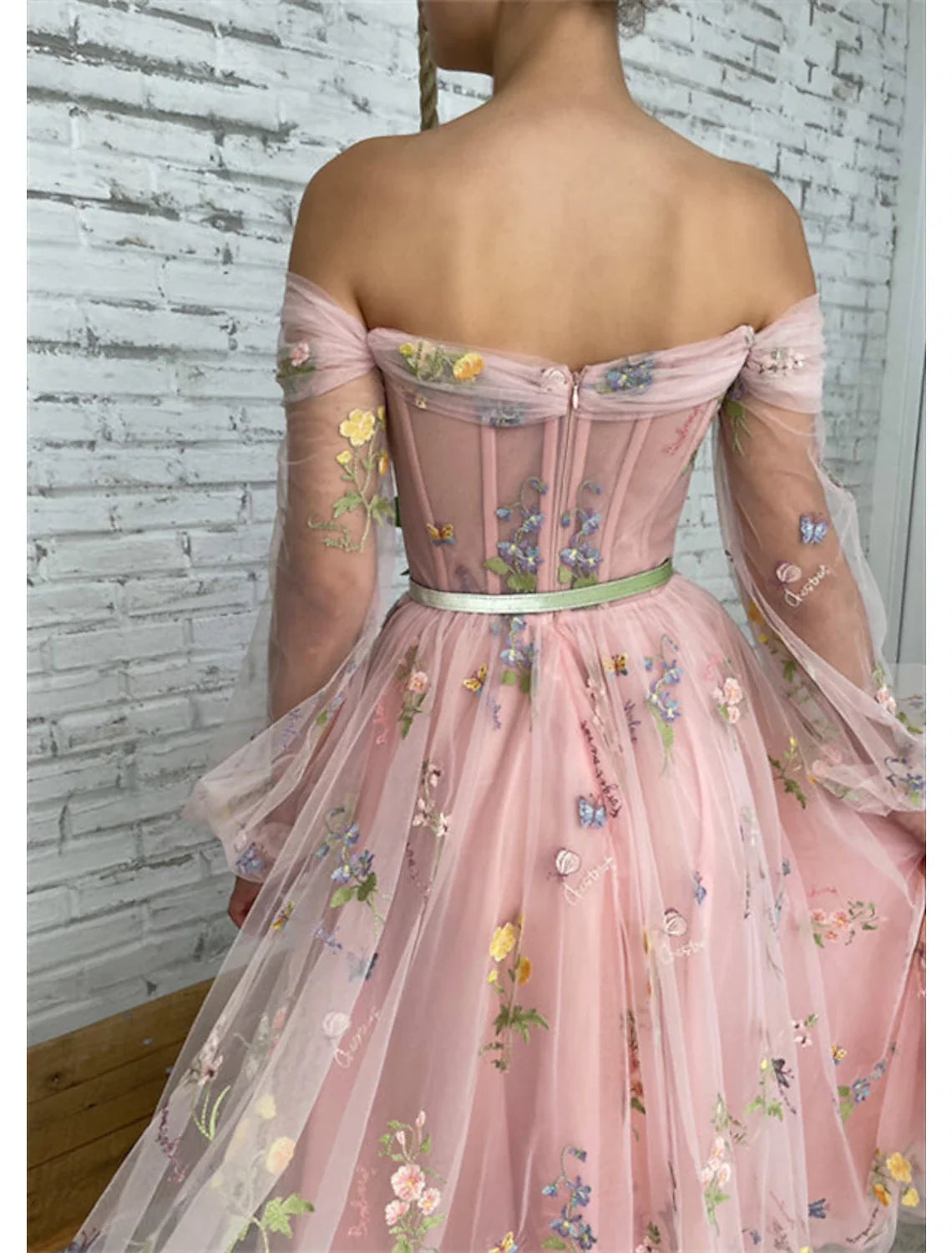 A-Line Off-Shoulder Lace Long Sleeve Applique Ankle-Length Prom Dress - Chloe Dress