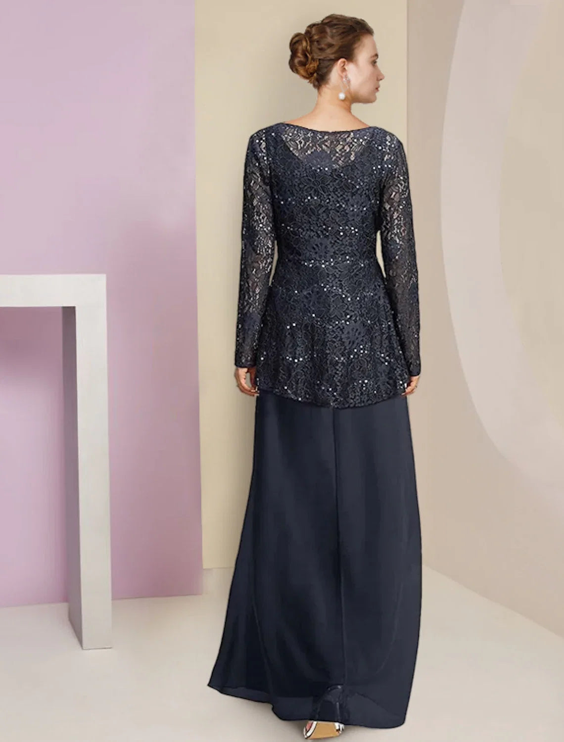A-Line High Neck Chiffon Long Sleeve Pleated Tea-Length Wedding Dress - Chloe Dress