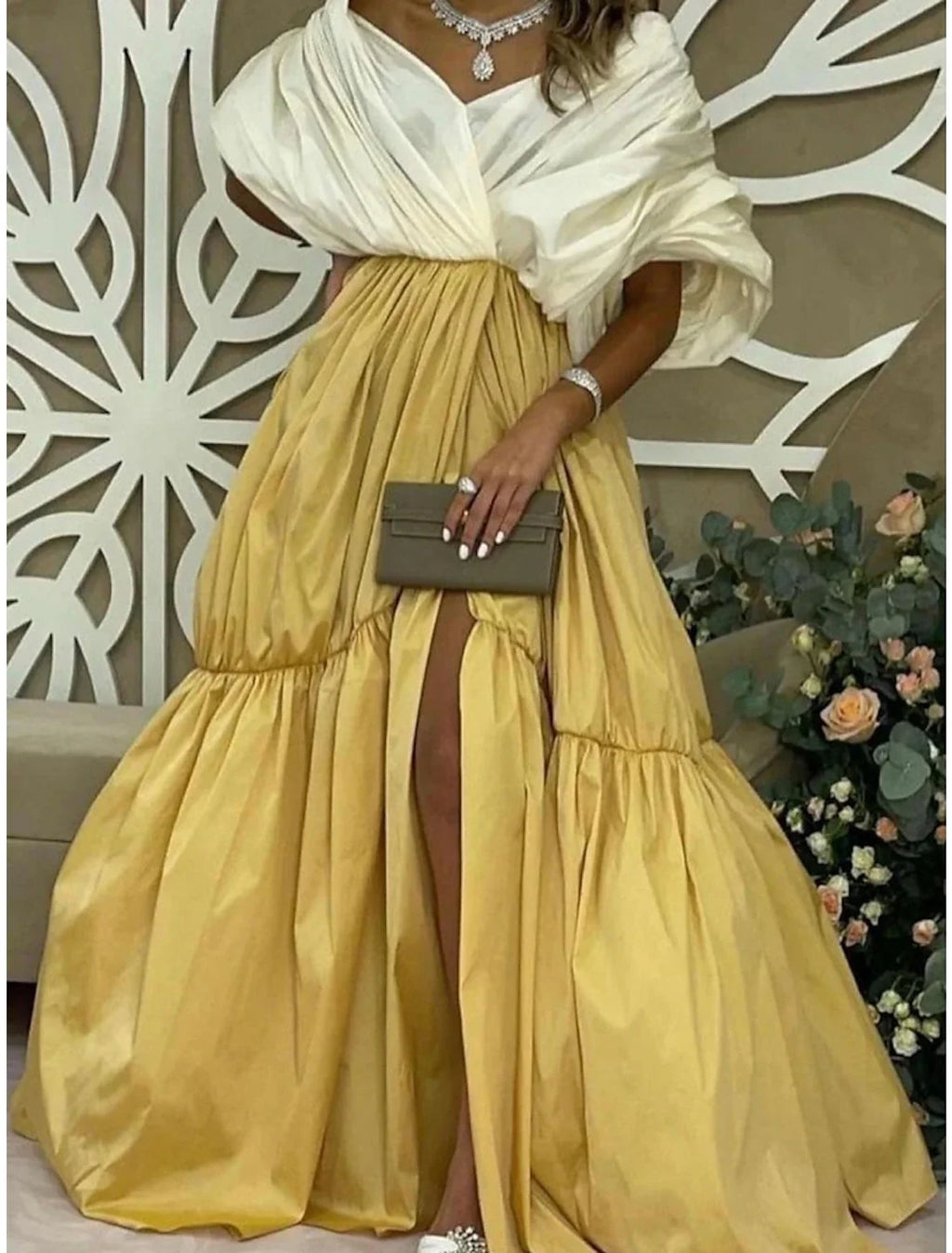 Green A-Line Off-Shoulder Satin High Slit Evening Gown - Chloe Dress