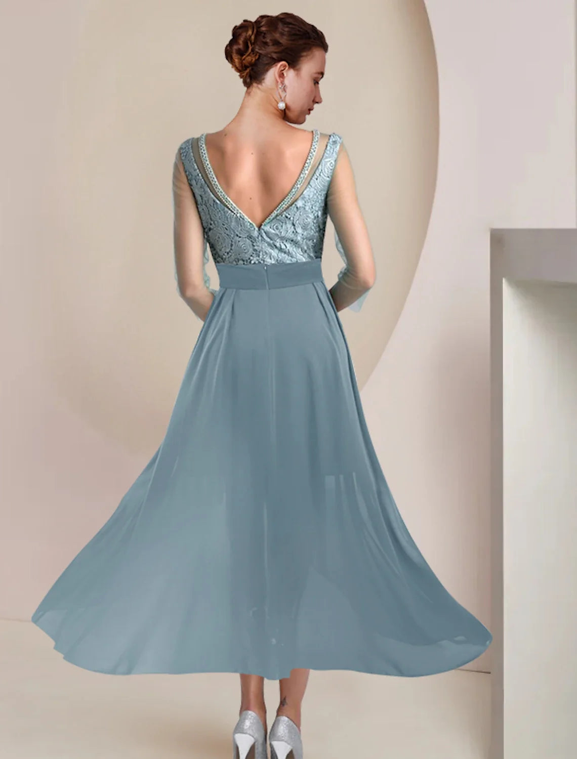 Sheath Chiffon Three-Quarter Sleeve Applique Tea-Length Wedding Dress - Chloe Dress