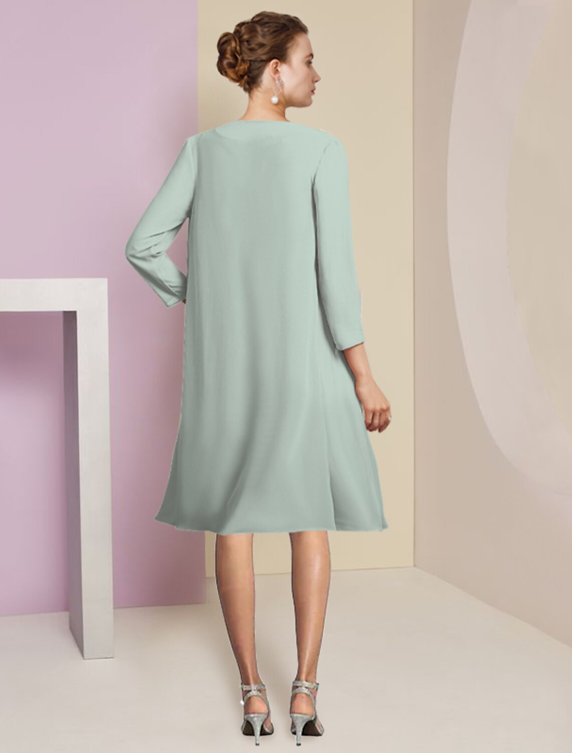 A-Line Chiffon Three-Quarter Sleeve Knee-Length Wedding Dress - Chloe Dress