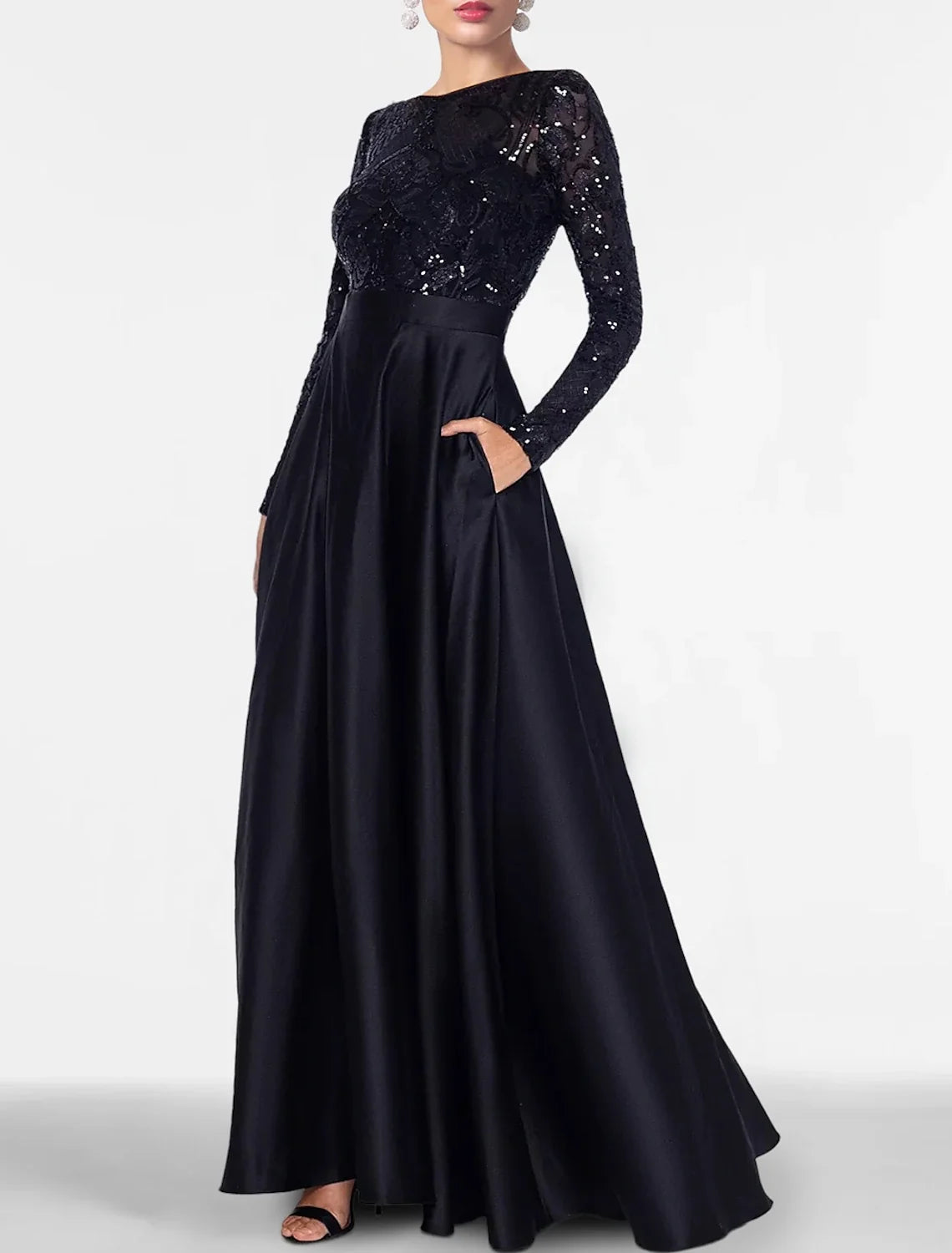 Black A-Line Off-Shoulder Satin Long Sleeve High Slit Floor-Length Evening Gown - Chloe Dress