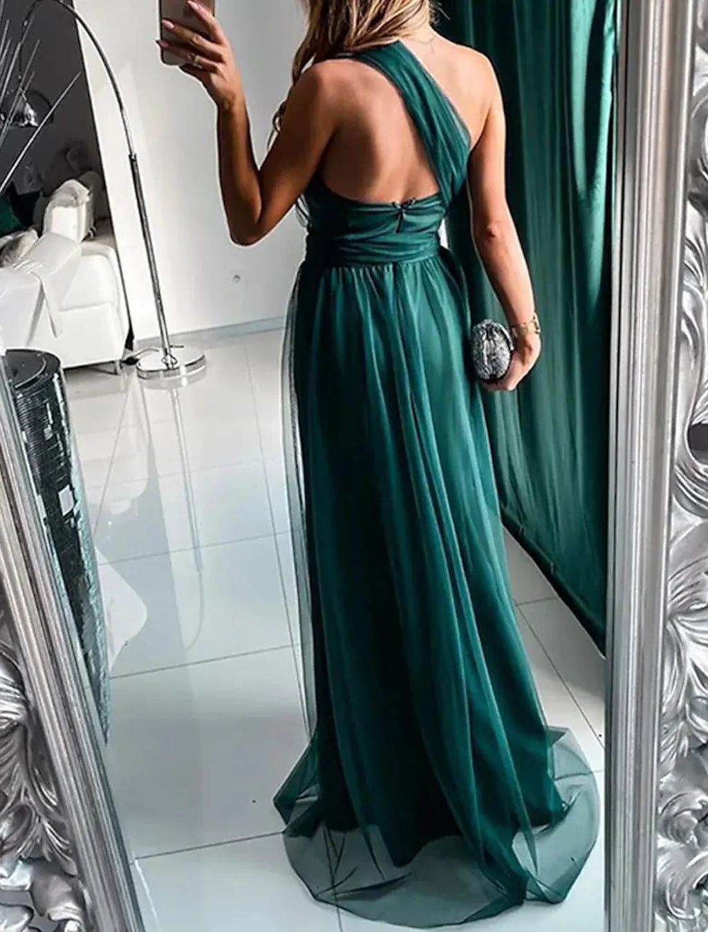 A-Line One-Shoulder Polyester Sleeveless High Slit Prom Dress - Chloe Dress