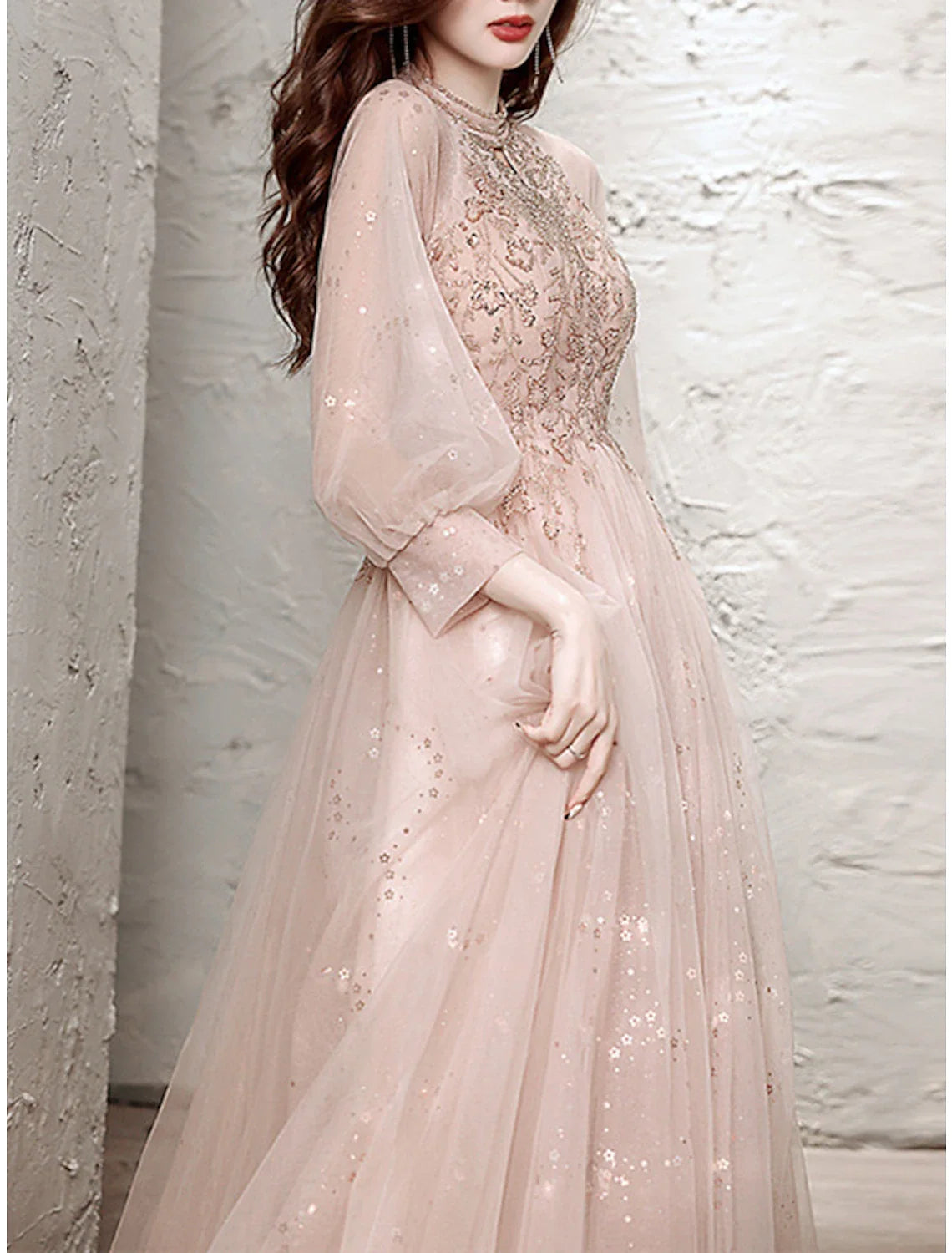 A-Line Tulle Long Sleeve Pleated Floor-Length Evening Dress - Chloe Dress