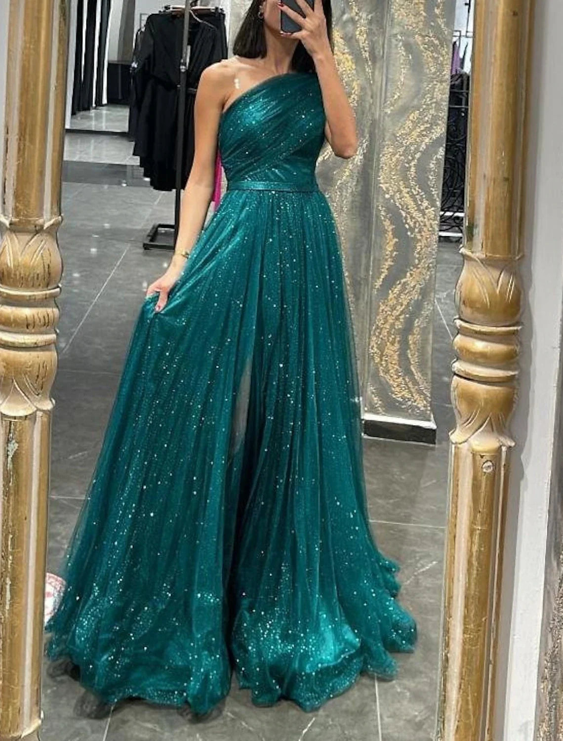 A-Line One-Shoulder Tulle Sleeveless Train Evening Gown - Chloe Dress