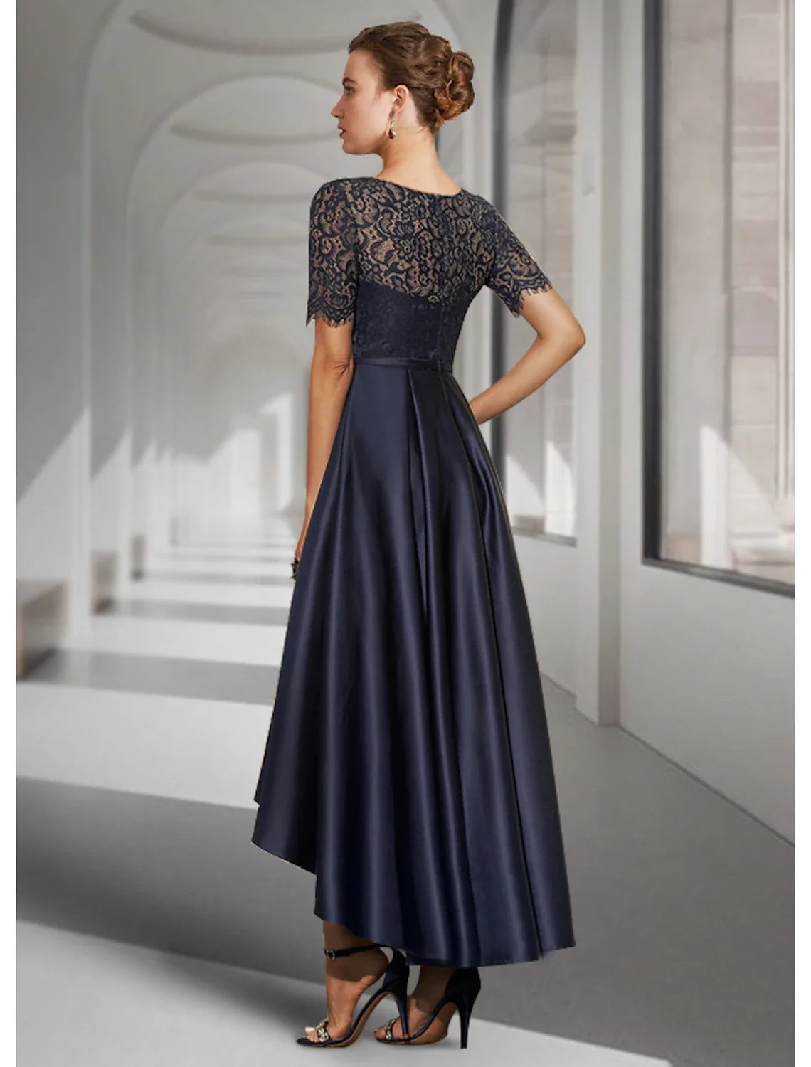 A-Line High Neck Satin Short Sleeve Pleated Mini Wedding Dress - Chloe Dress