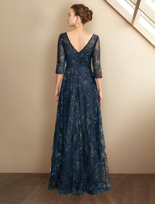 A-Line V-Neck Chiffon Three-Quarter Sleeve Applique Floor-Length Dress - Chloe Dress