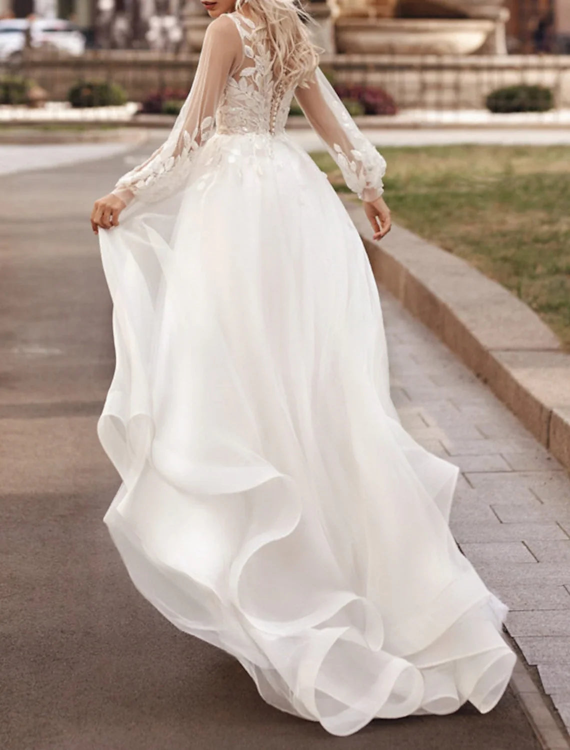 A-Line V-Neck Lace Long Sleeve Train Wedding Gown - Chloe Dress