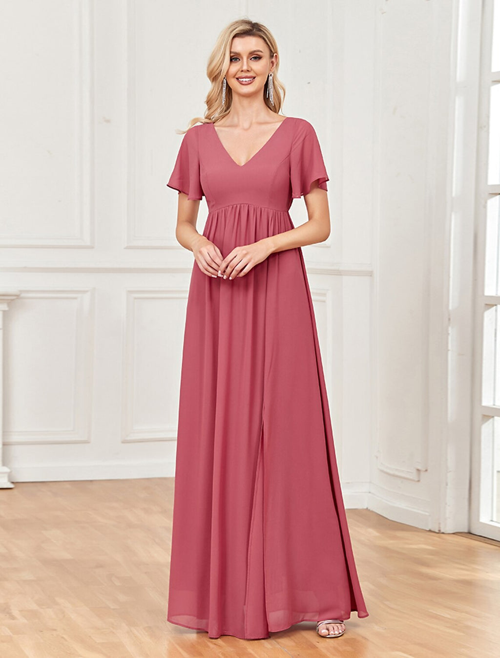 A-Line V-Neck Chiffon Short Sleeve High Slit Floor-Length Evening Gown - Chloe Dress