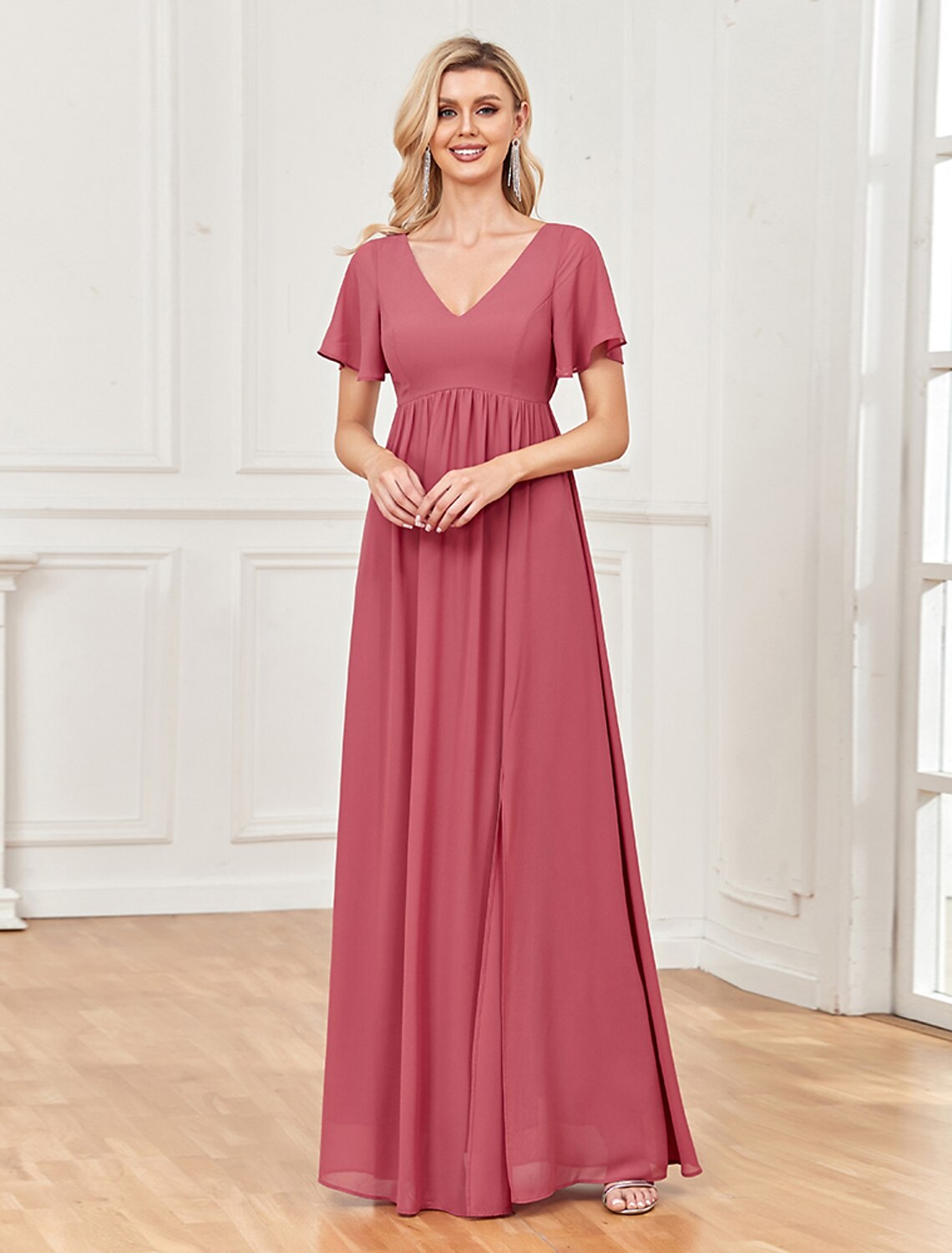 A-Line V-Neck Chiffon Short Sleeve High Slit Floor-Length Evening Gown - Chloe Dress
