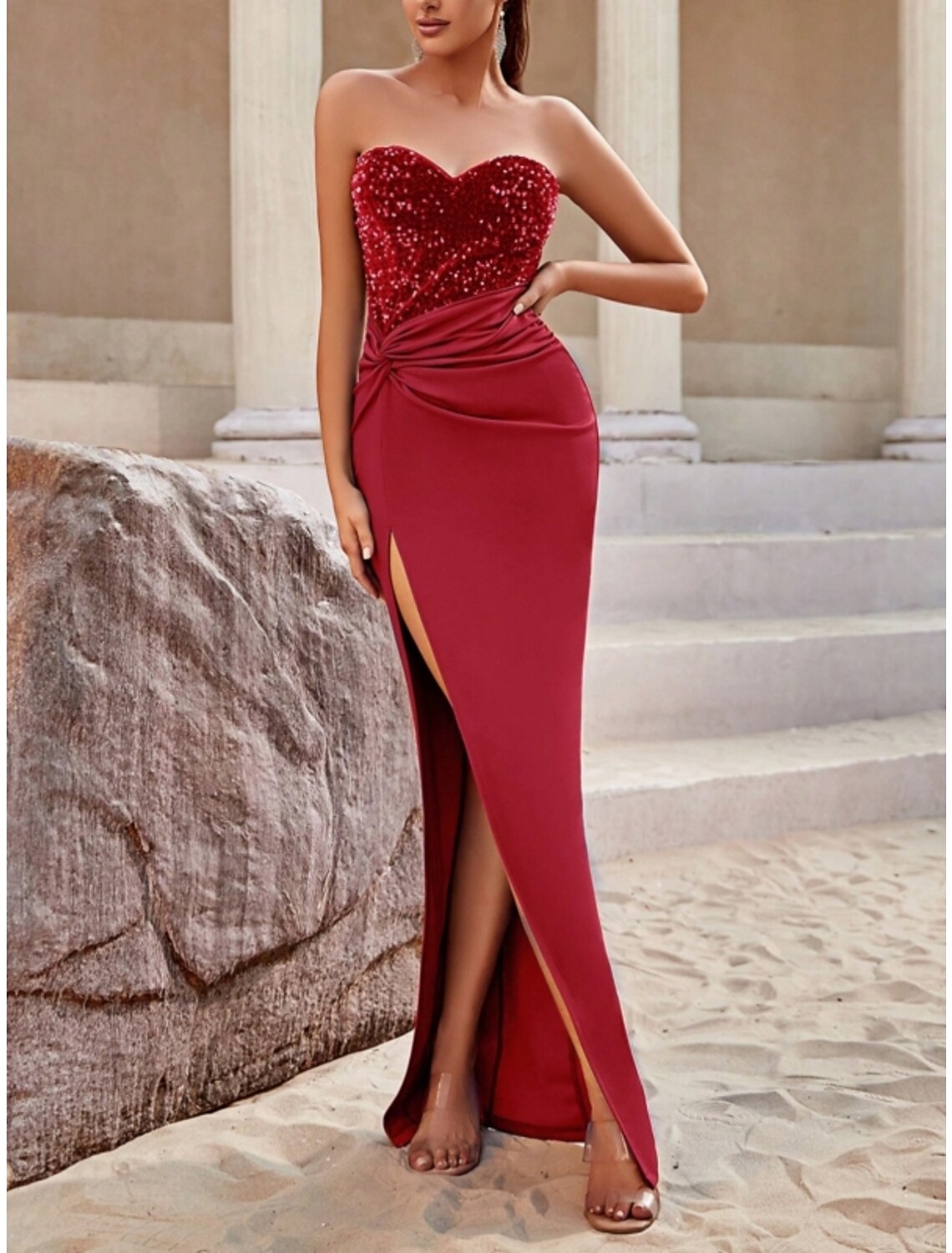 Orange A-Line Sweetheart Sequin Sleeveless High Slit Floor-Length Evening Gown - Chloe Dress