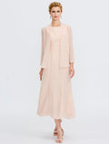 Sheath Chiffon Long Sleeve Pleated Tea-Length Wedding Dress - Chloe Dress