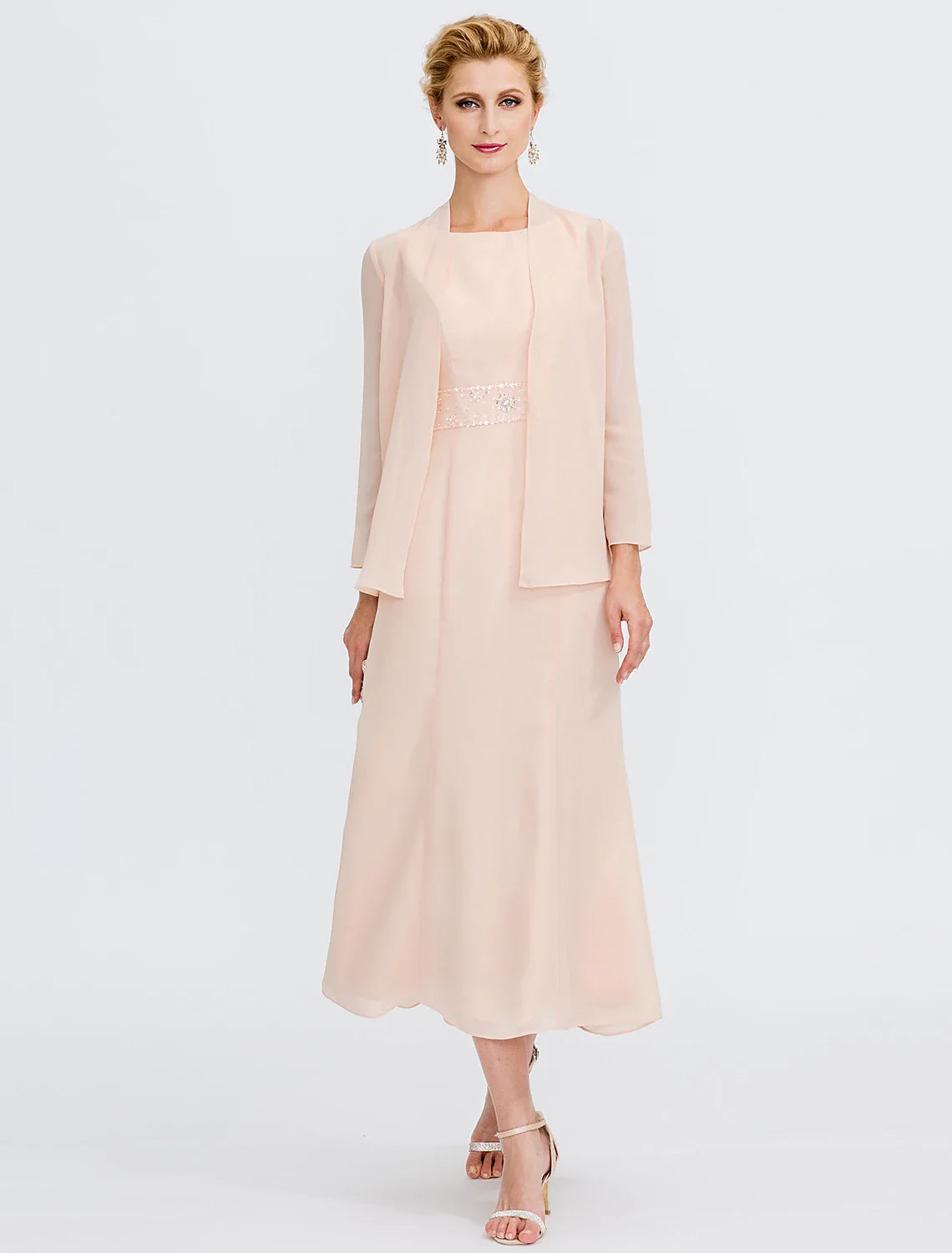 Sheath Chiffon Long Sleeve Pleated Tea-Length Wedding Dress - Chloe Dress