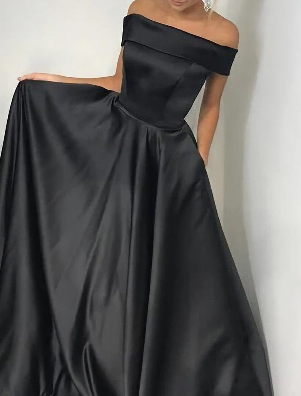 Black A-Line Off-Shoulder Satin Sleeveless Pleated Evening Gown - Chloe Dress