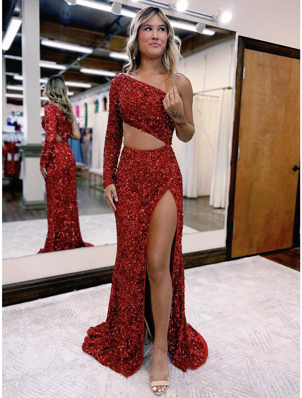 Mermaid One-Shoulder Sequin Long Sleeve Backless High Slit Prom Dress - Chloe Dress