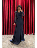 A-Line V-Neck Sequin Long Sleeve Pleated Evening Gown - Chloe Dress