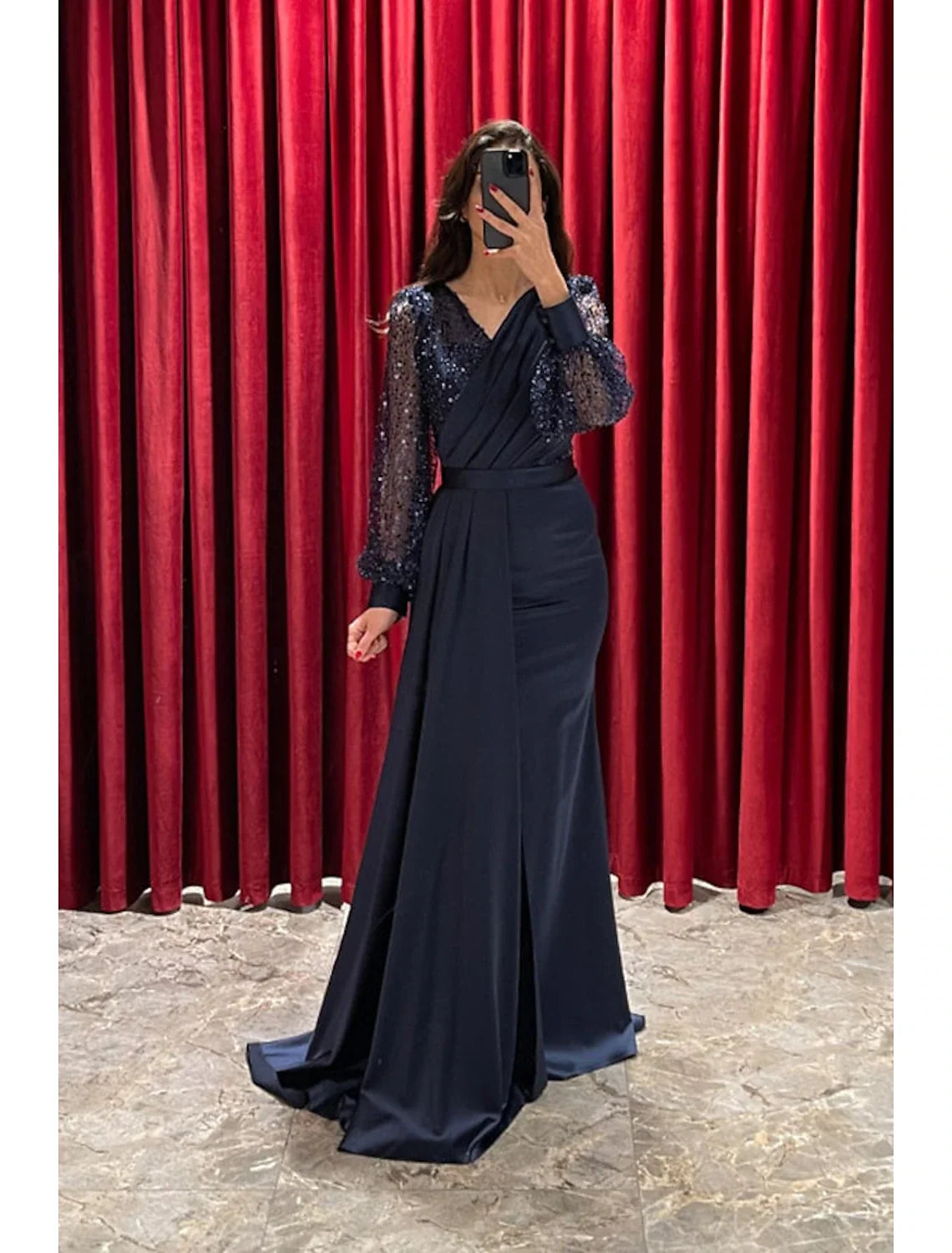 A-Line V-Neck Sequin Long Sleeve Pleated Evening Gown - Chloe Dress