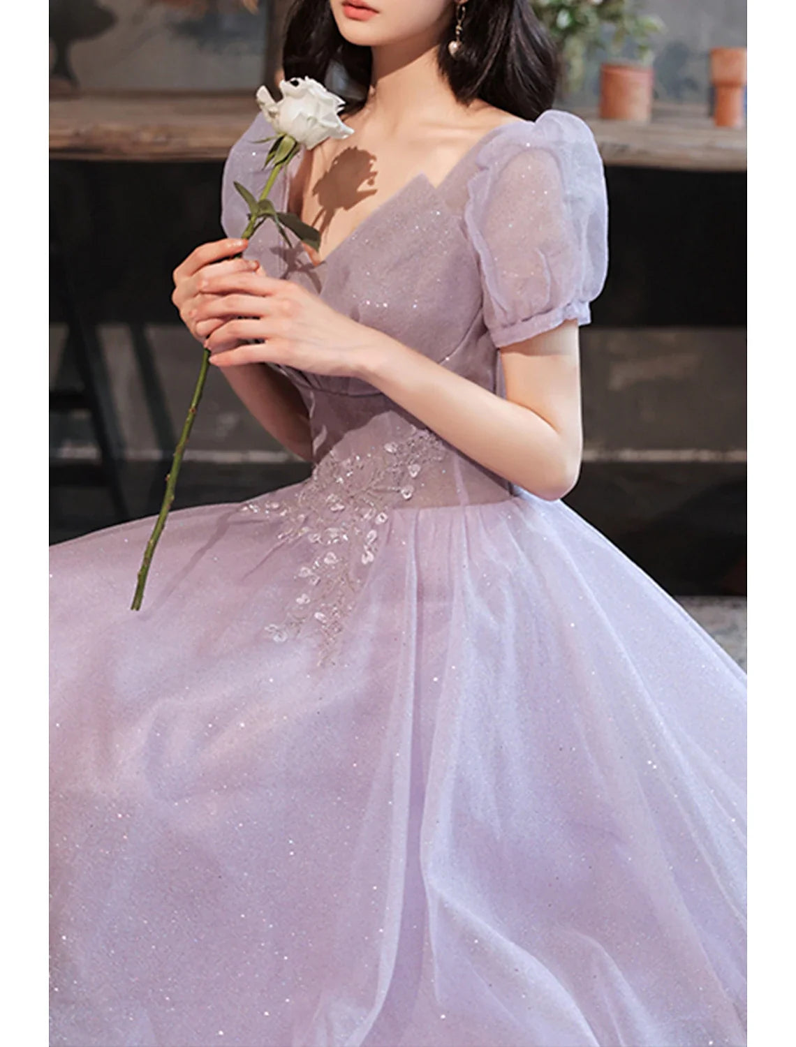 A-Line V-Neck Tulle Short Sleeve Floor-Length Prom Dress - Chloe Dress