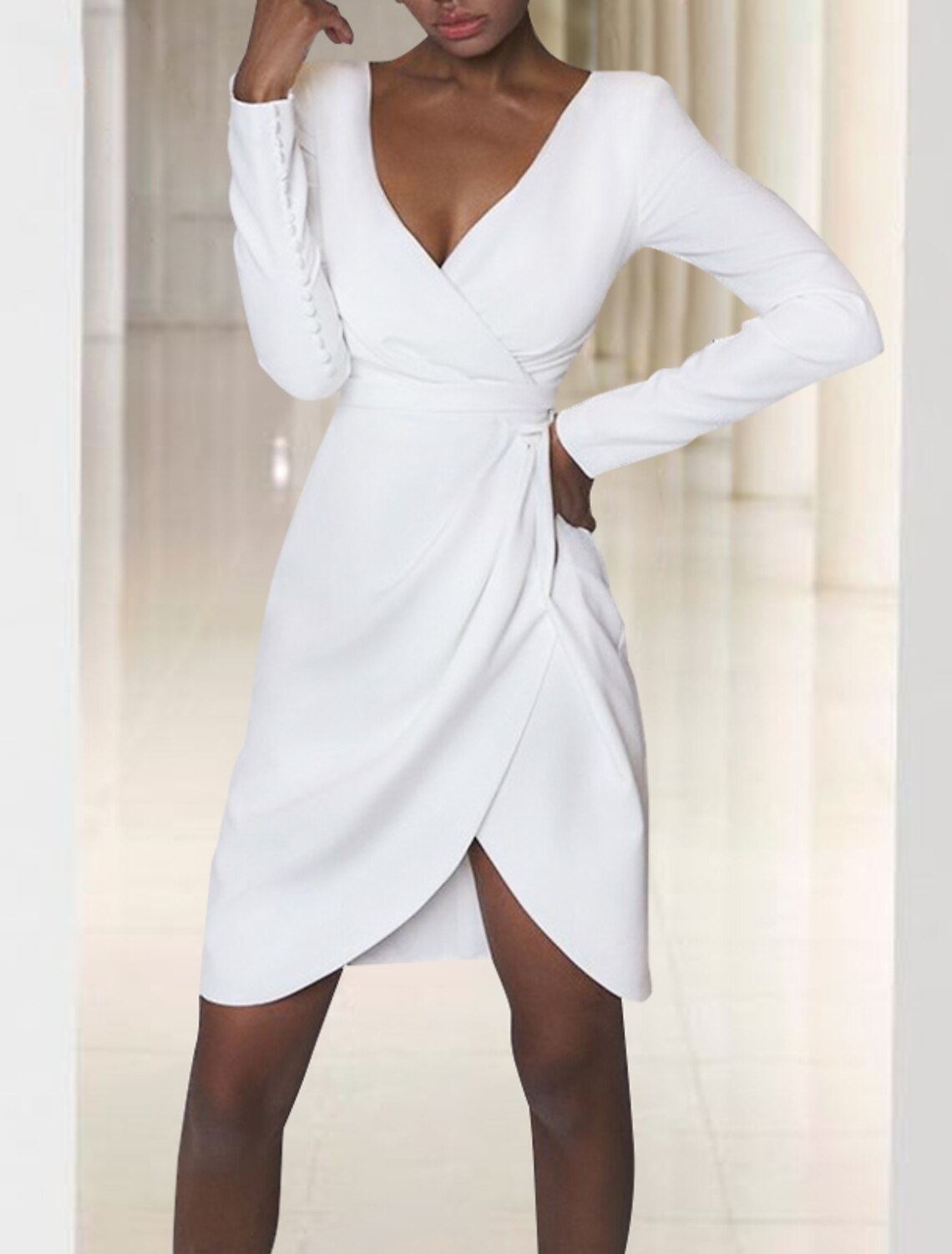 White Sheath V-Neck Long Sleeve Button Back Mini Wedding Gown - Chloe Dress
