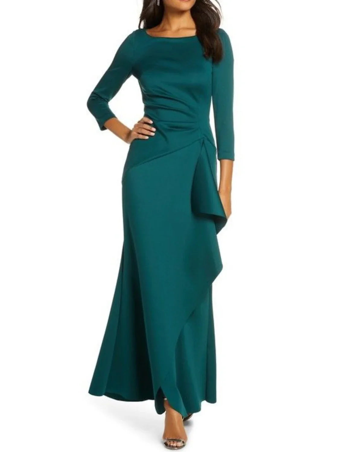 Sheath Satin Three-Quarter Sleeve Ruffled Ankle-Length Wedding Dress - Chloe Dress