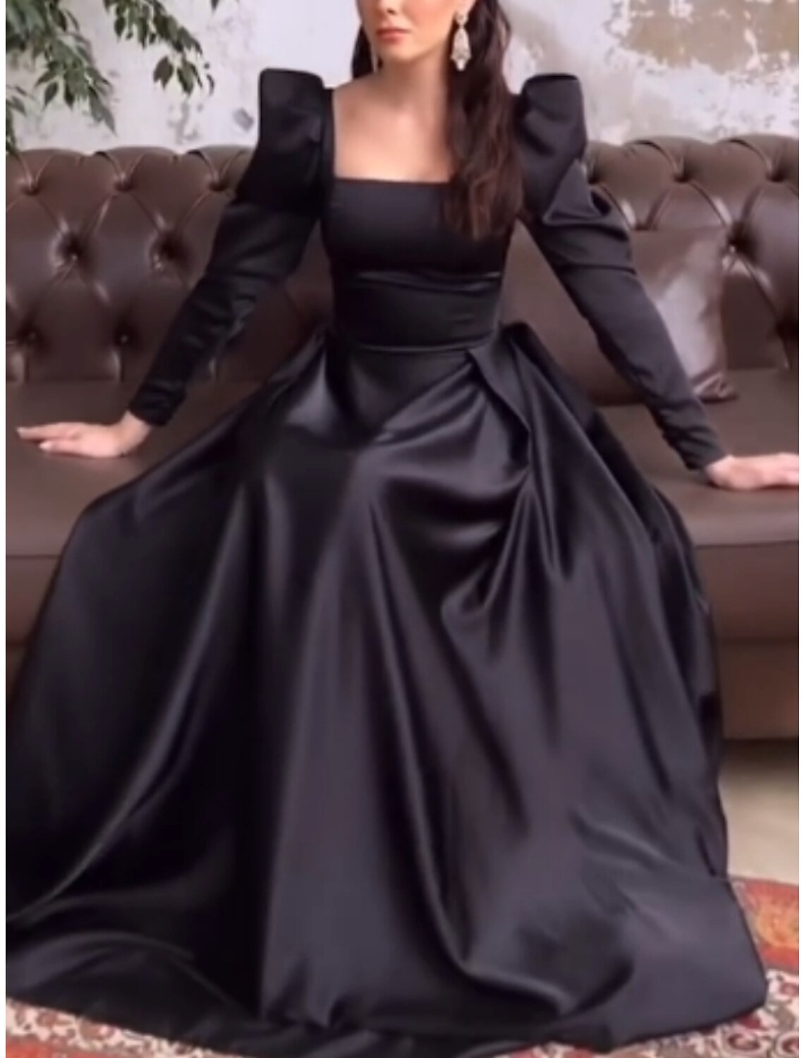 Green A-Line Square Neck Satin Long Sleeve Pleated Evening Gown - Chloe Dress