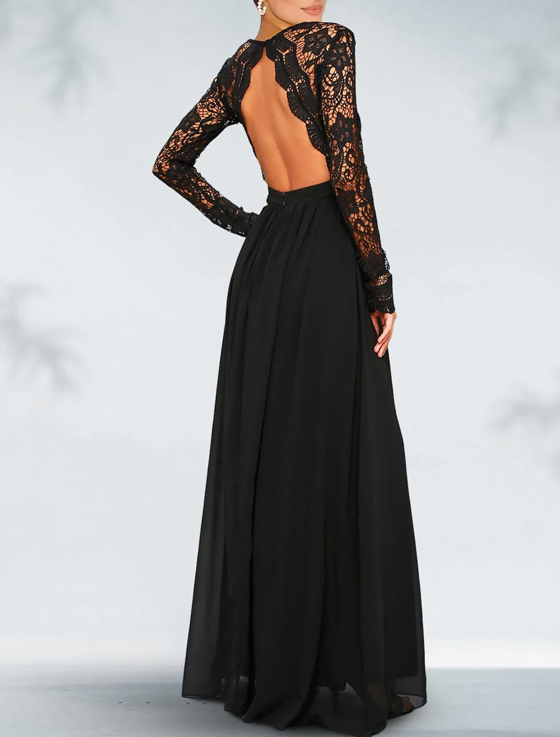Black A-Line V-Neck Chiffon Long Sleeve Open Back Pleated Floor-Length Evening Dress - Chloe Dress