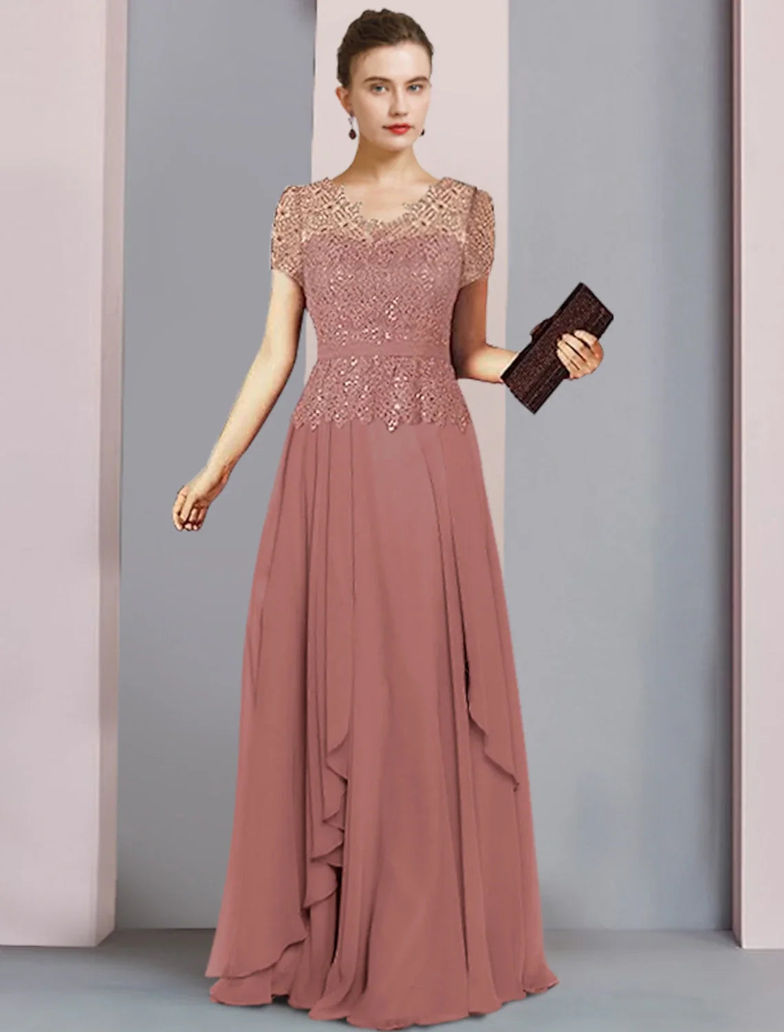 A-Line V-Neck Chiffon Short Sleeve Pleated Floor-Length Party Dress - Chloe Dress