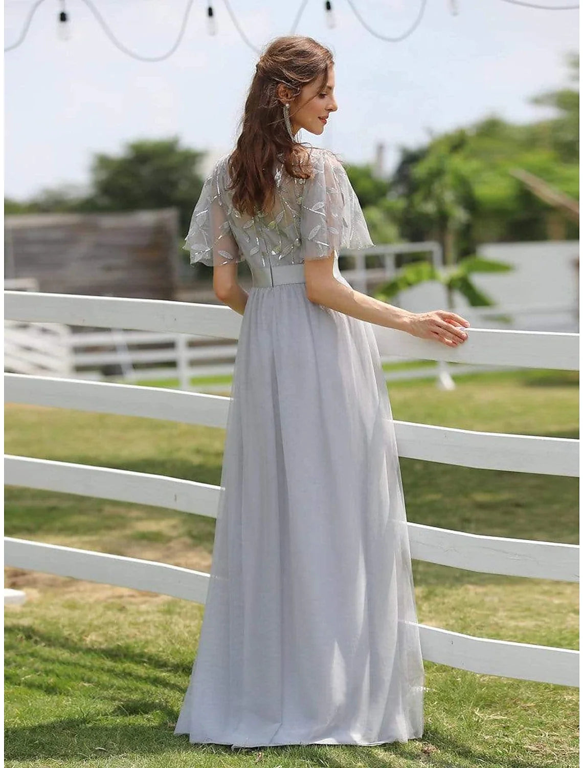 A-Line Tulle Short Sleeve Floor-Length Prom Dress - Chloe Dress